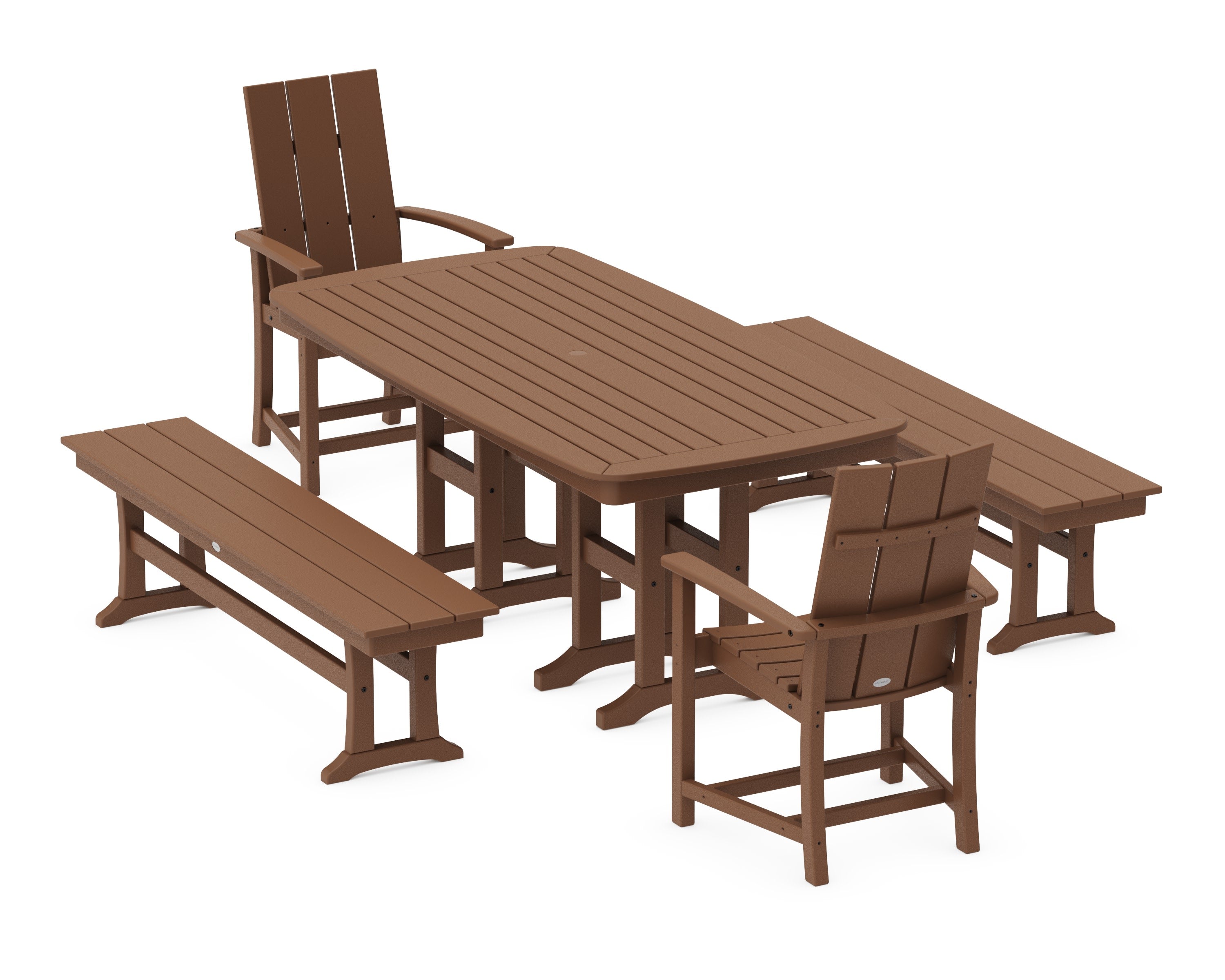 Modern Adirondack 5-Piece Farmhouse Dining Set with Benches in Teak