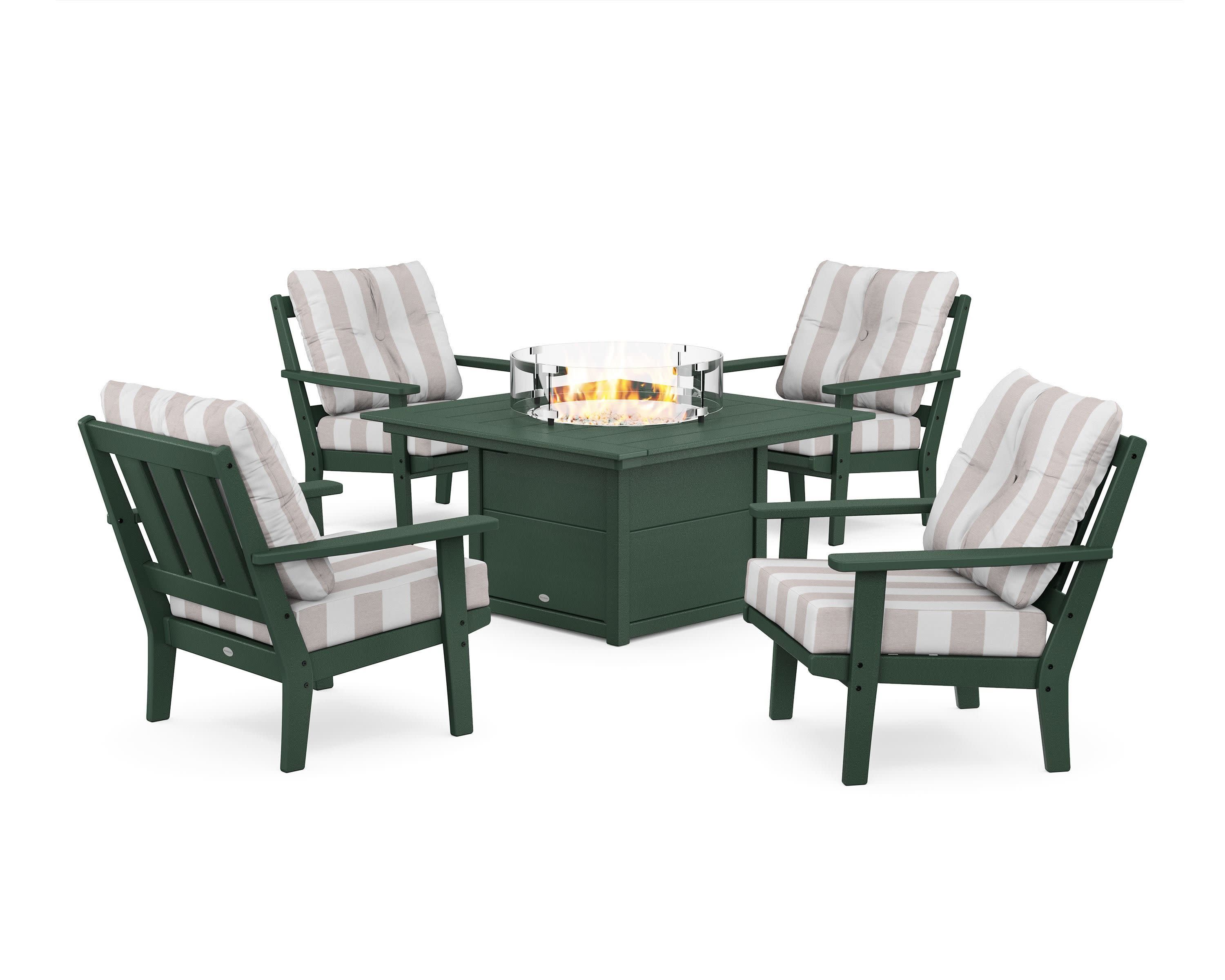 Oxford 5-Piece Deep Seating Set with Fire Pit Table in Green / Cabana Stripe Dune Burlap