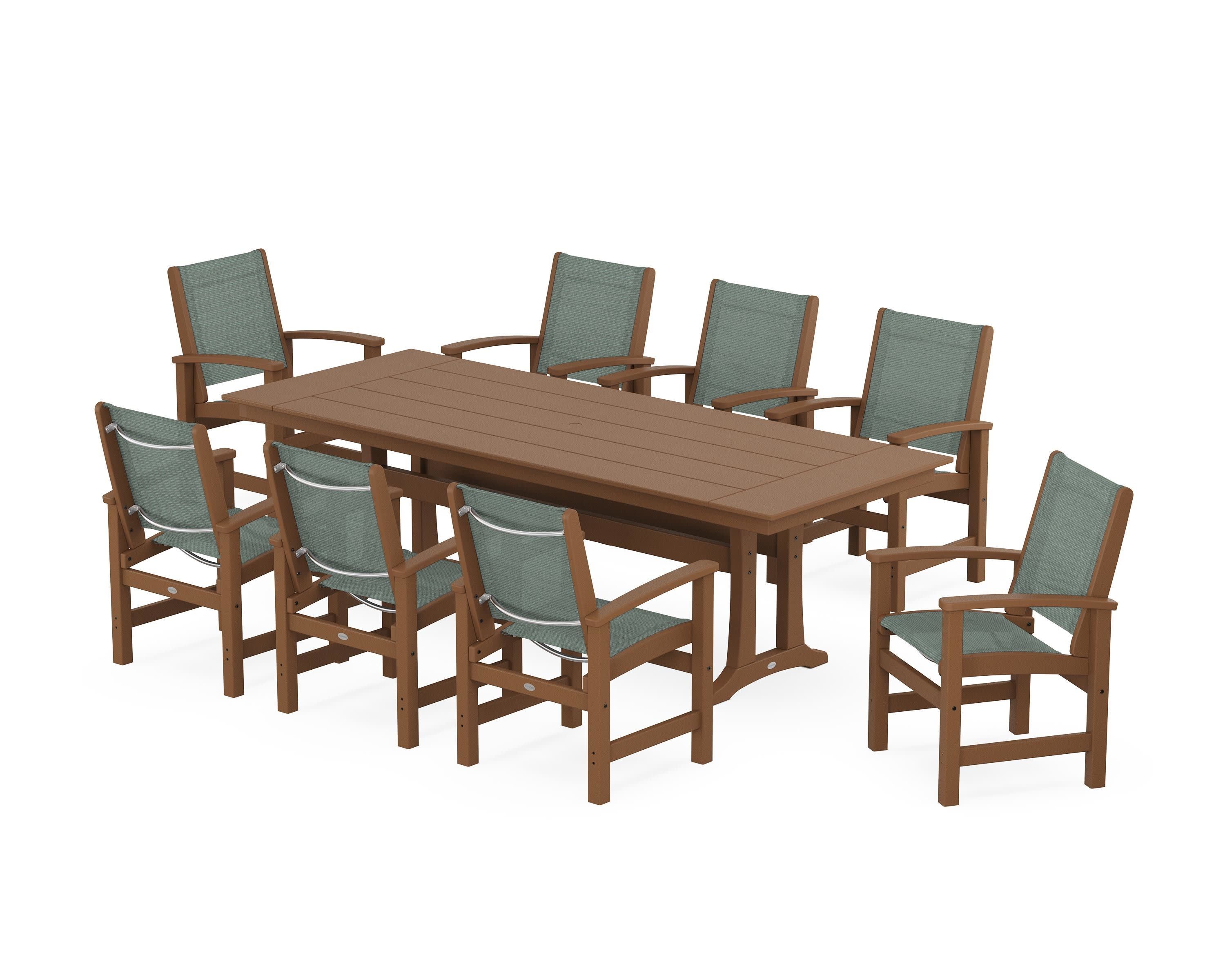 Coastal 9-Piece Farmhouse Dining Set with Trestle Legs in Teak / Dupioni Sea Mist Sling