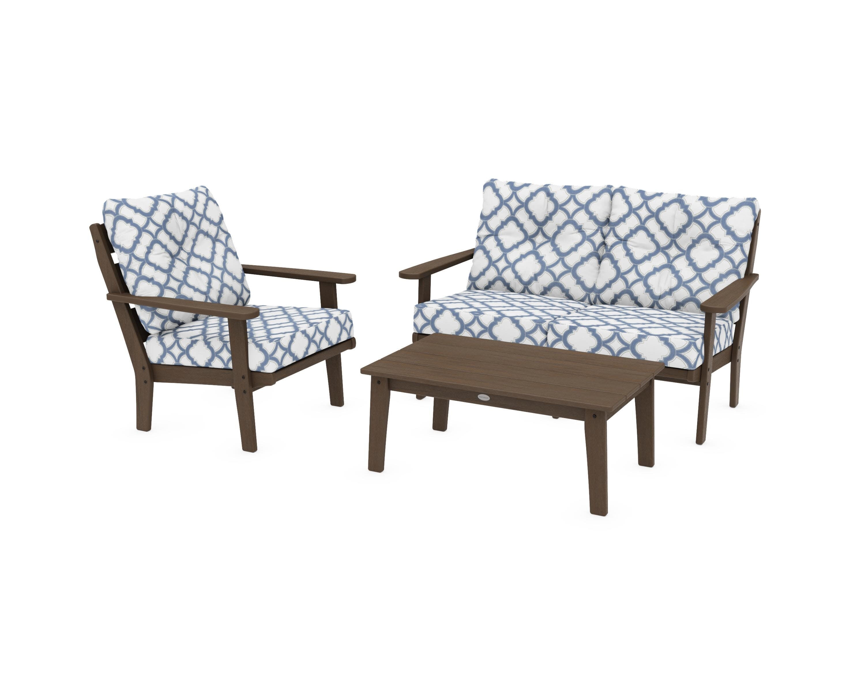 Lakeside 3-Piece Deep Seating Set in Kona / Trellis Sky Blue