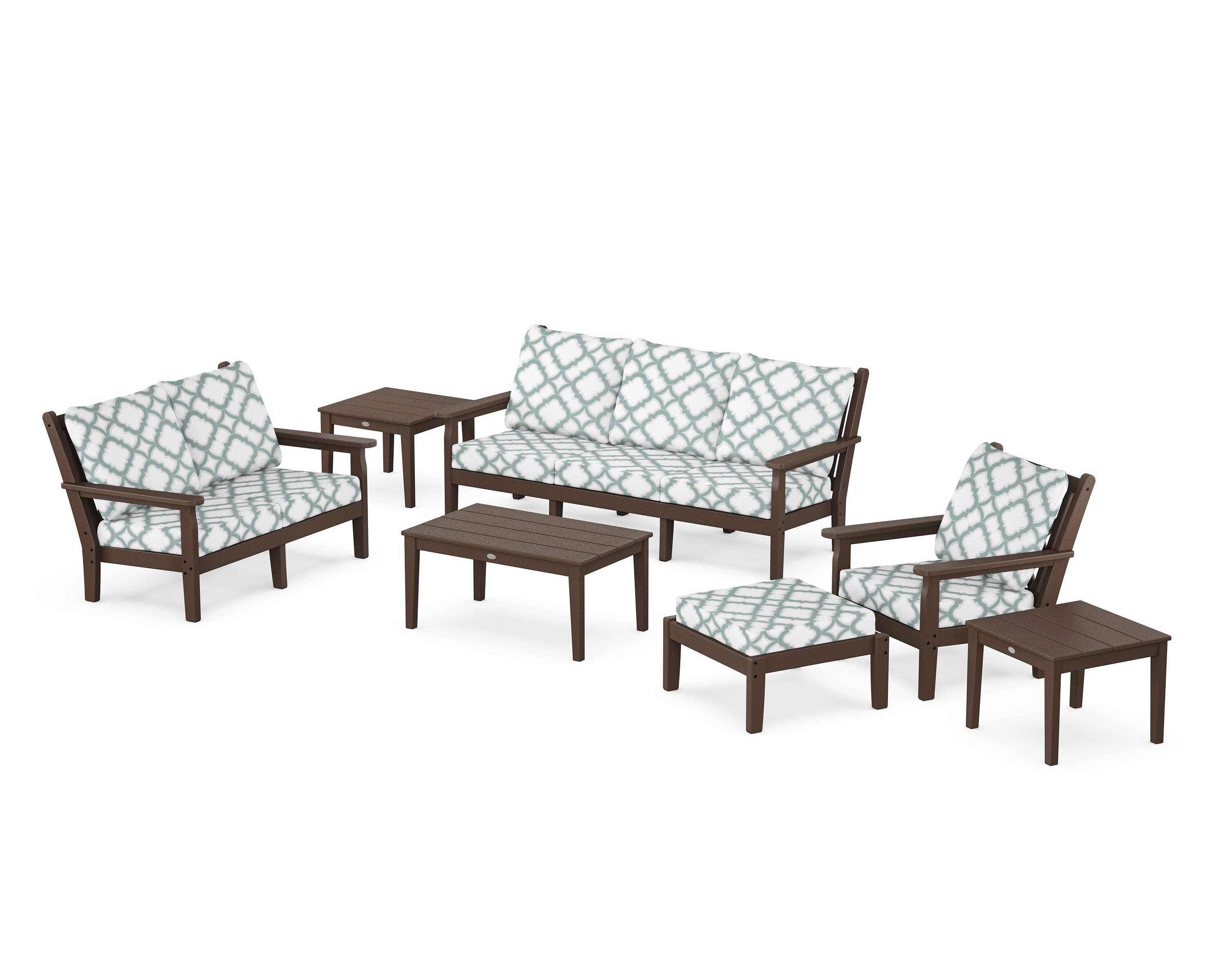 Chippendale 7-Piece Deep Seating Set in Mahogany / Trellis Glacier Spa