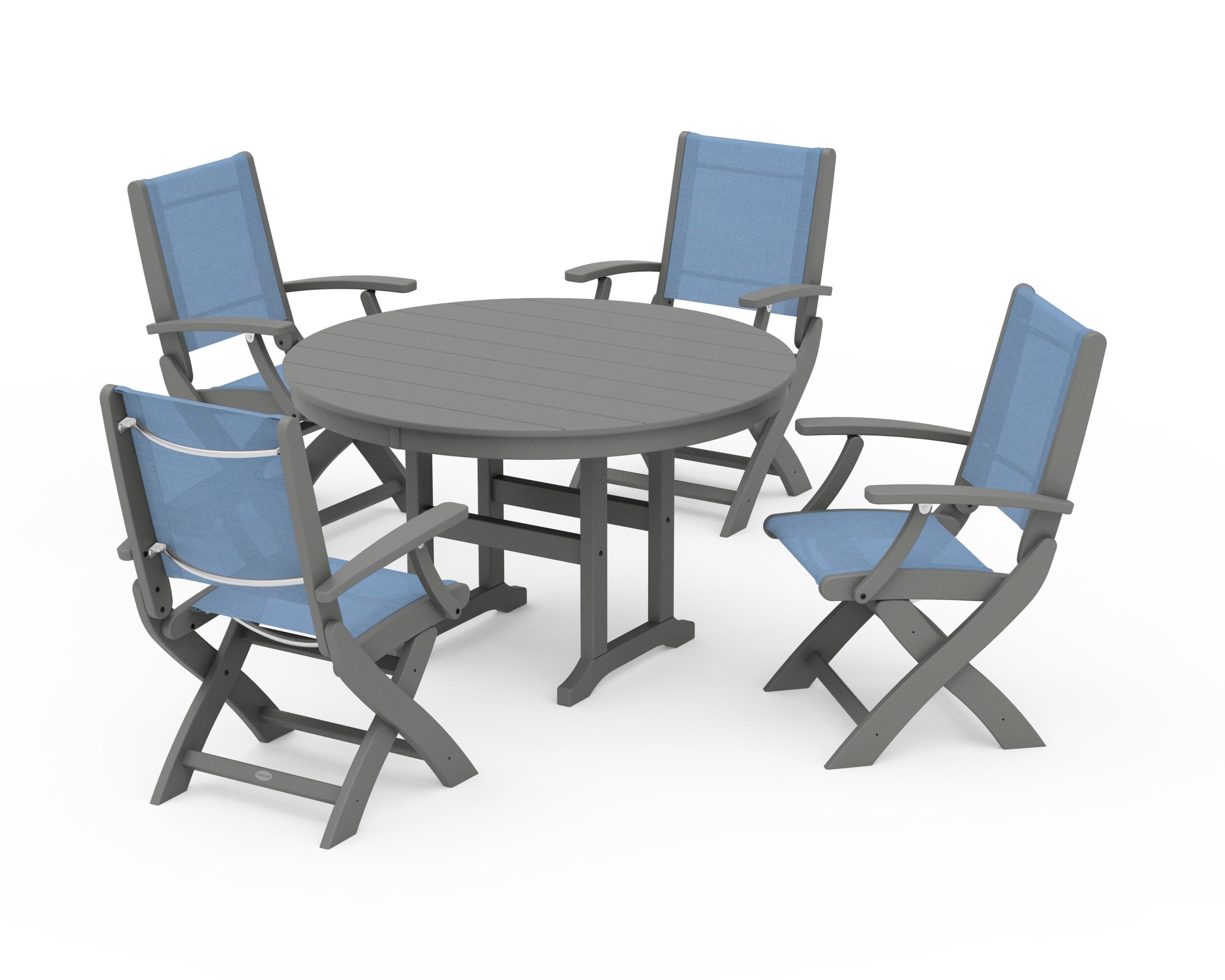Coastal Folding Chair 5-Piece Round Dining Set in Slate Grey / Poolside Sling
