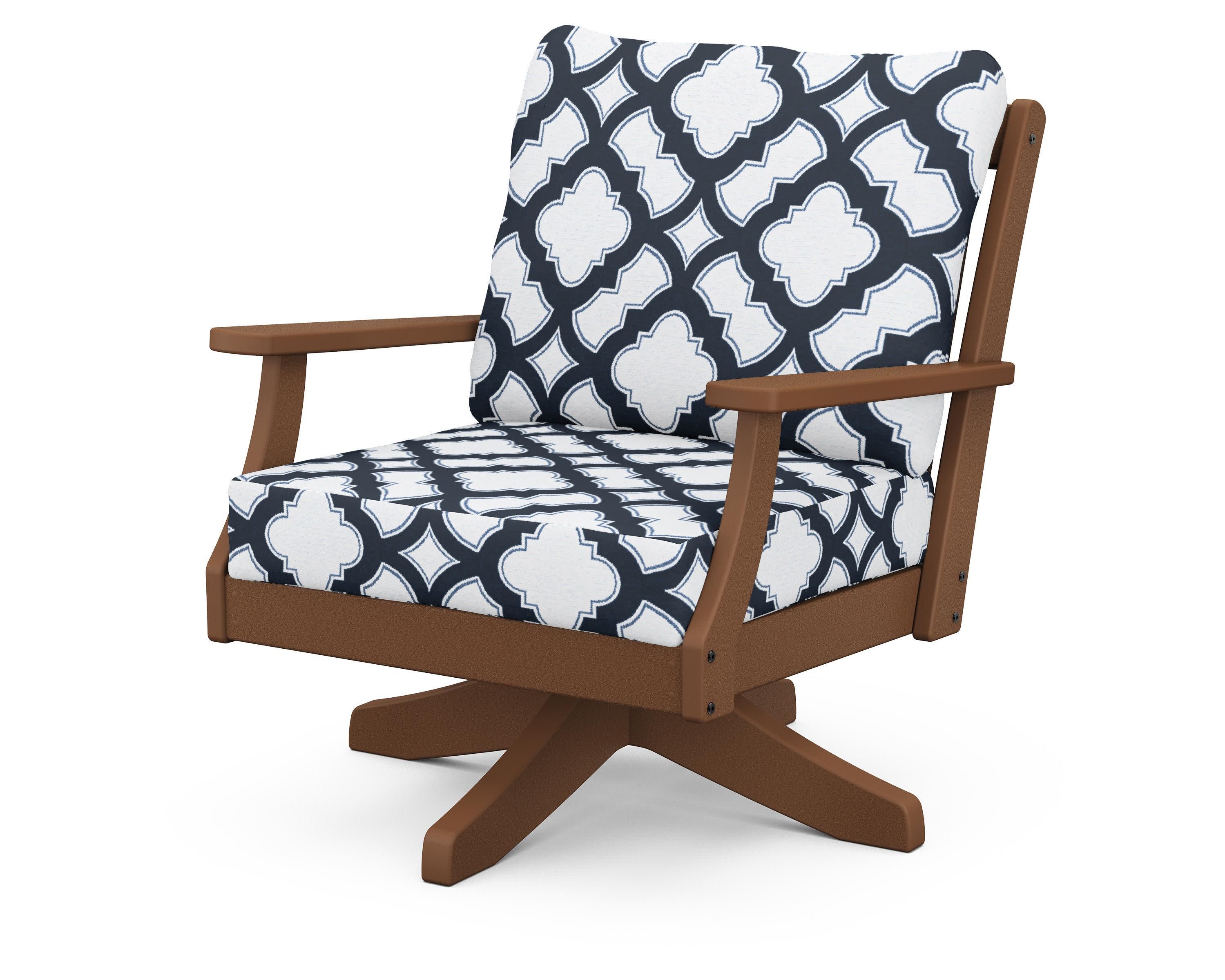 Braxton Deep Seating Swivel Chair in Teak / Trellis Marine Indigo
