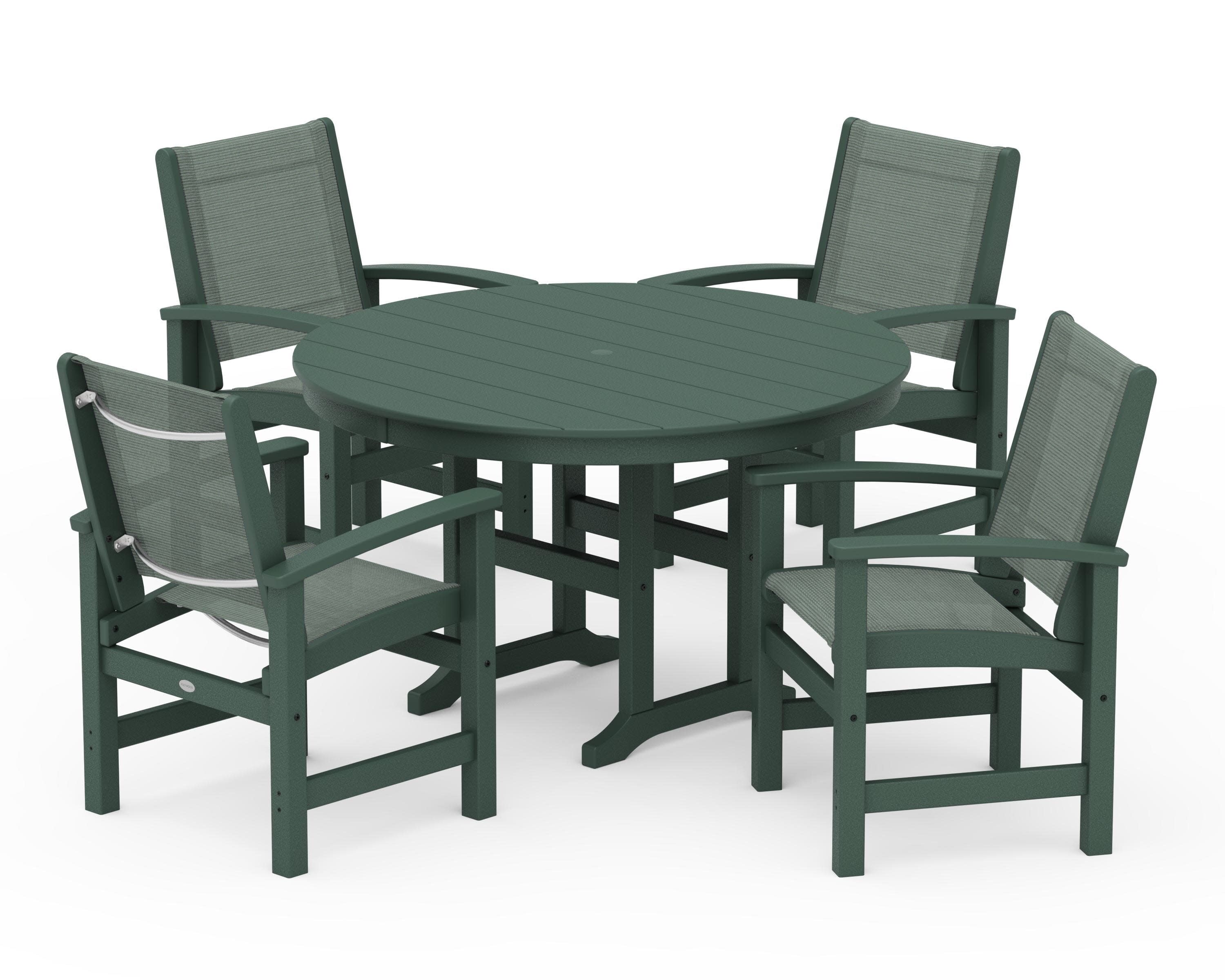 Coastal 5-Piece Round Farmhouse Dining Set in Green / Dupioni Sea Mist Sling