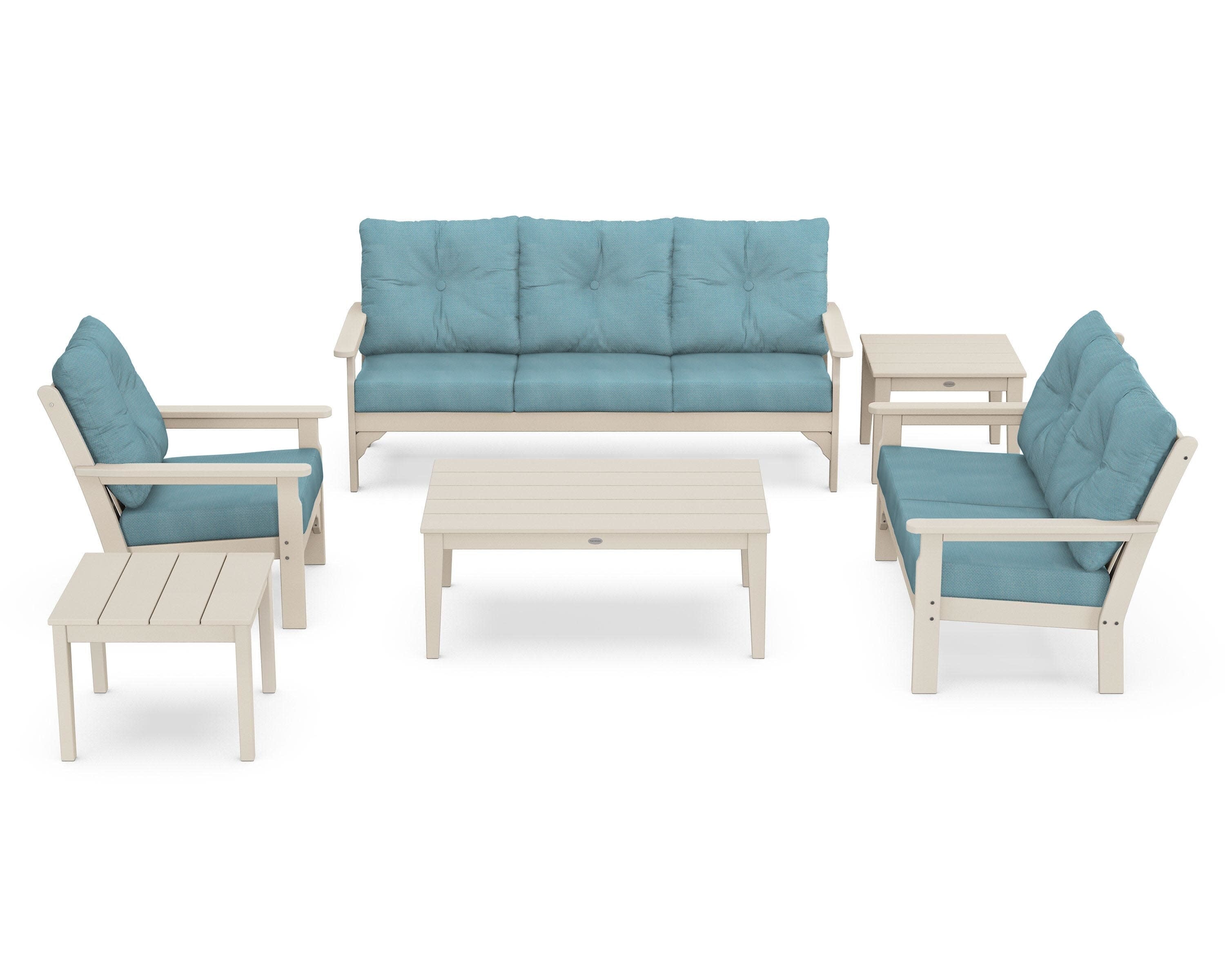 Vineyard 6-Piece Deep Seating Set in Sand / Lattice Sky Blue