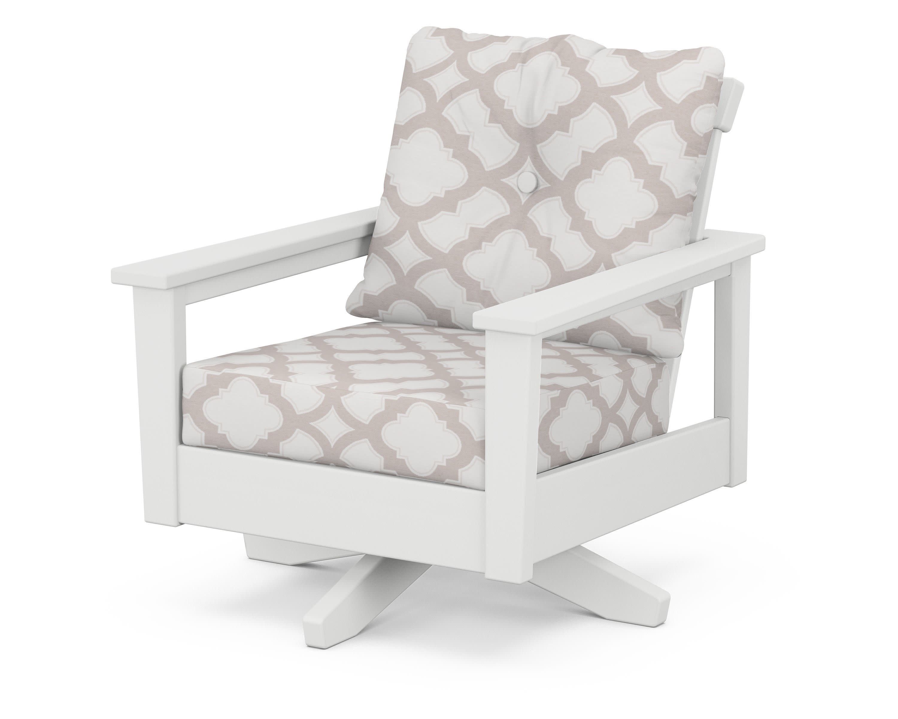 Prescott Deep Seating Swivel Chair in White / Trellis Dune Burlap