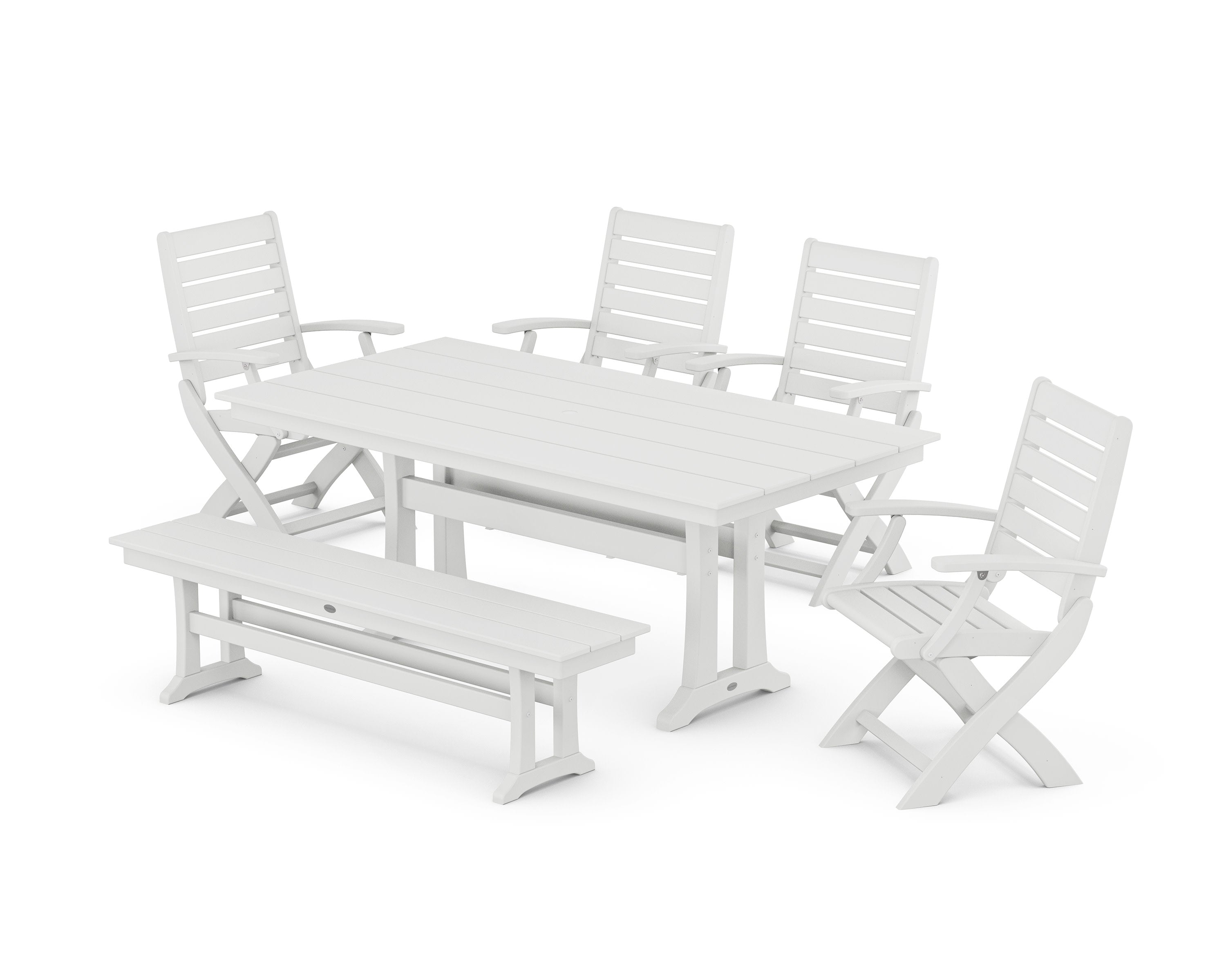 Signature Folding Chair 6-Piece Farmhouse Dining Set with Trestle Legs and Bench in White