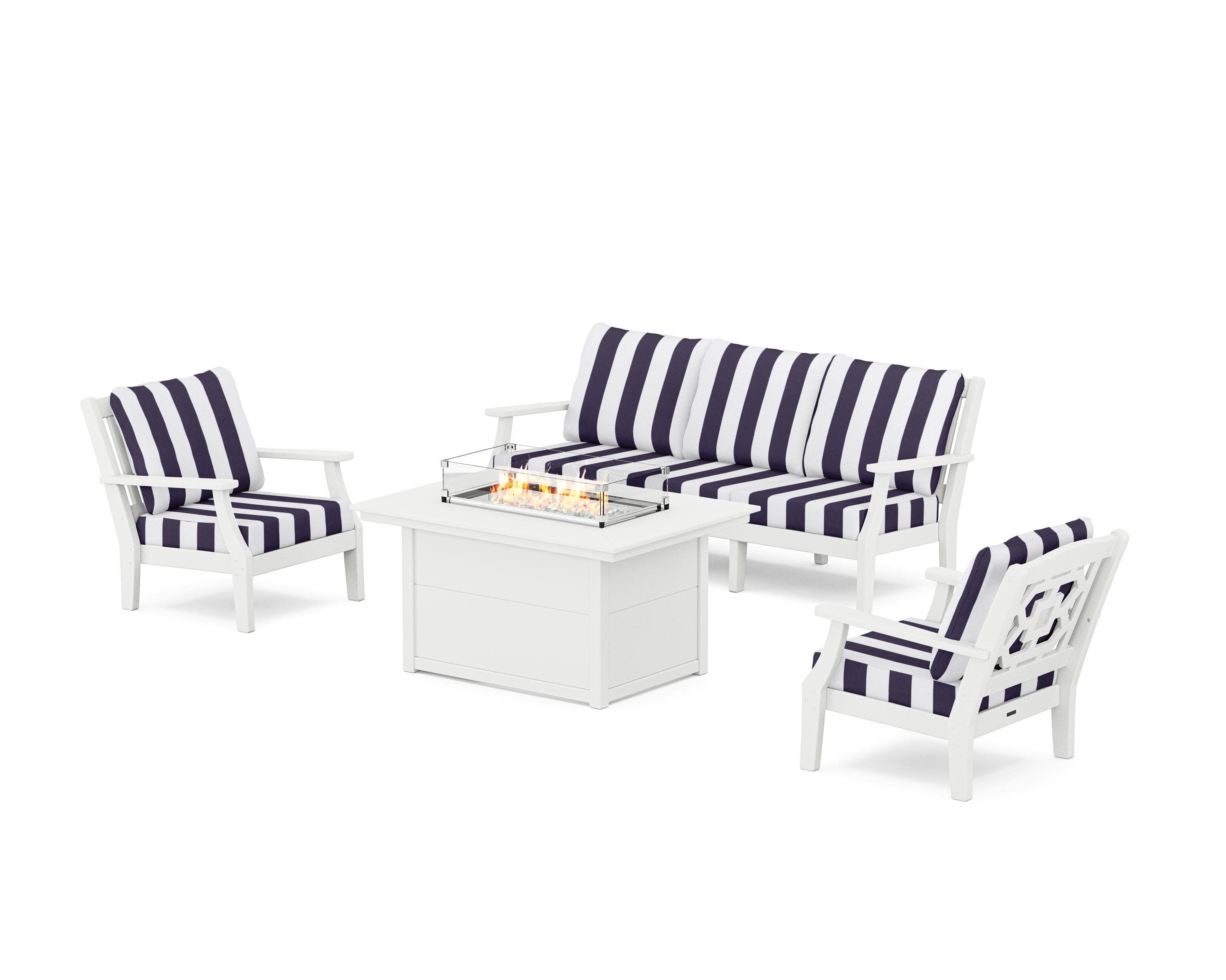 Chinoiserie Deep Seating Fire Pit Table Set in White / Cabana Stripe Navy