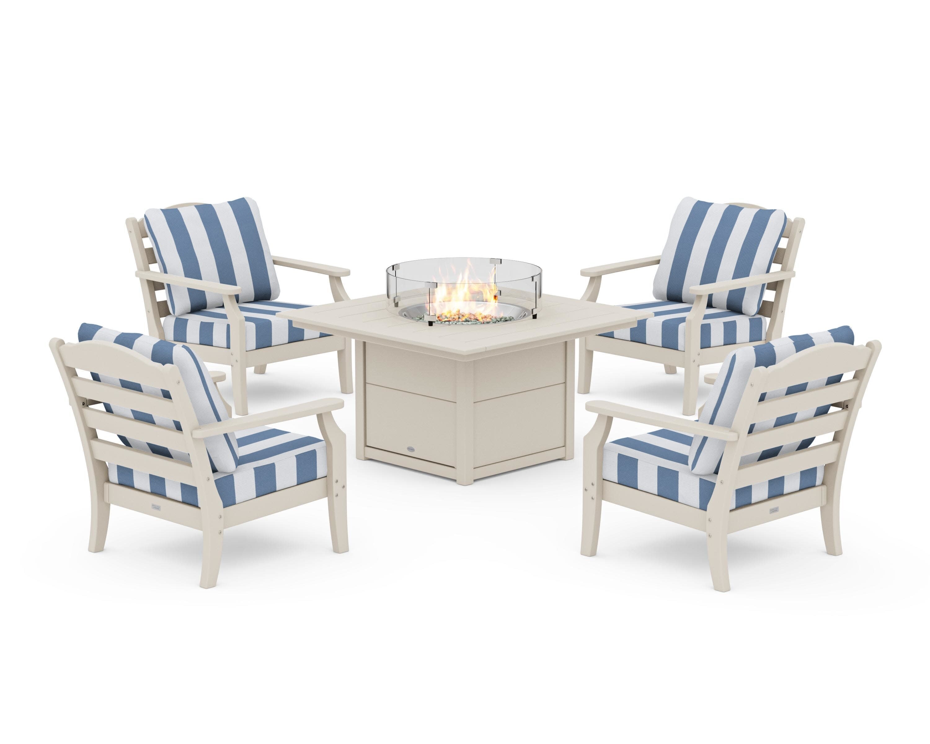 Savannah 5-Piece Deep Seating Set with Fire Pit Table in Sand / Cabana Stripe Sky Blue