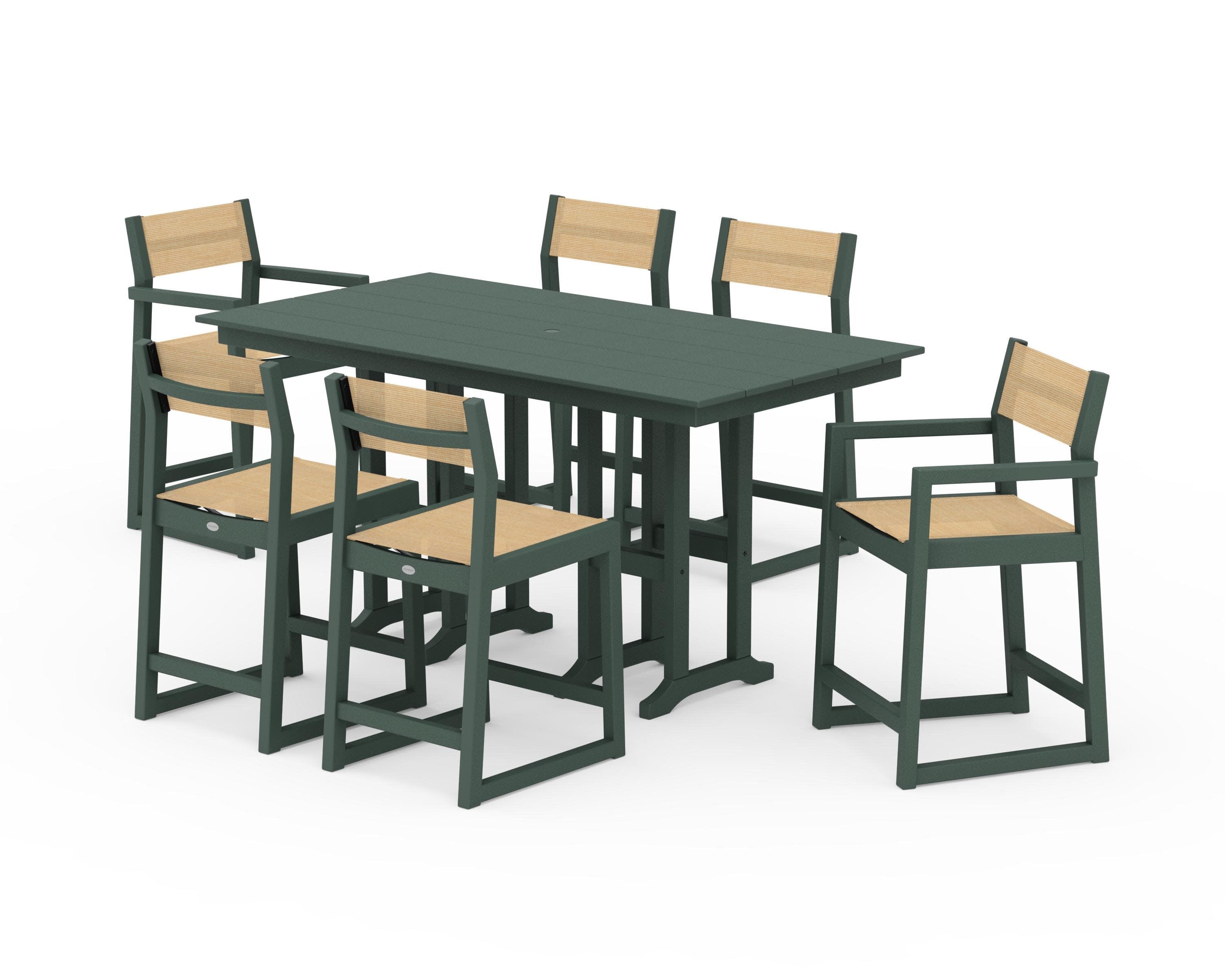EDGE Sling 7-Piece Farmhouse Counter Set with Trestle Legs in Green / Dupioni Apricot Sling