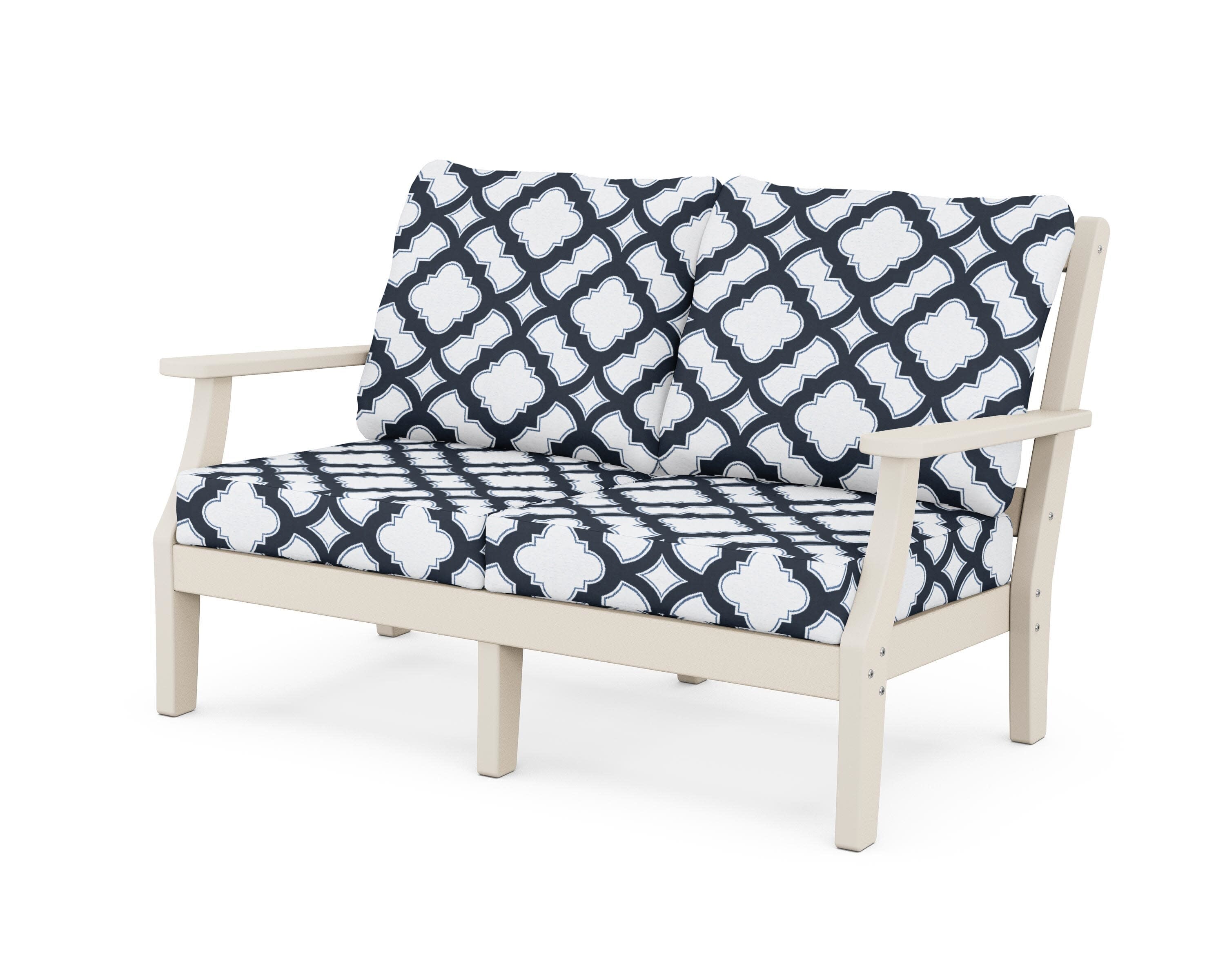 Chinoiserie Deep Seating Loveseat in Sand / Trellis Marine Indigo
