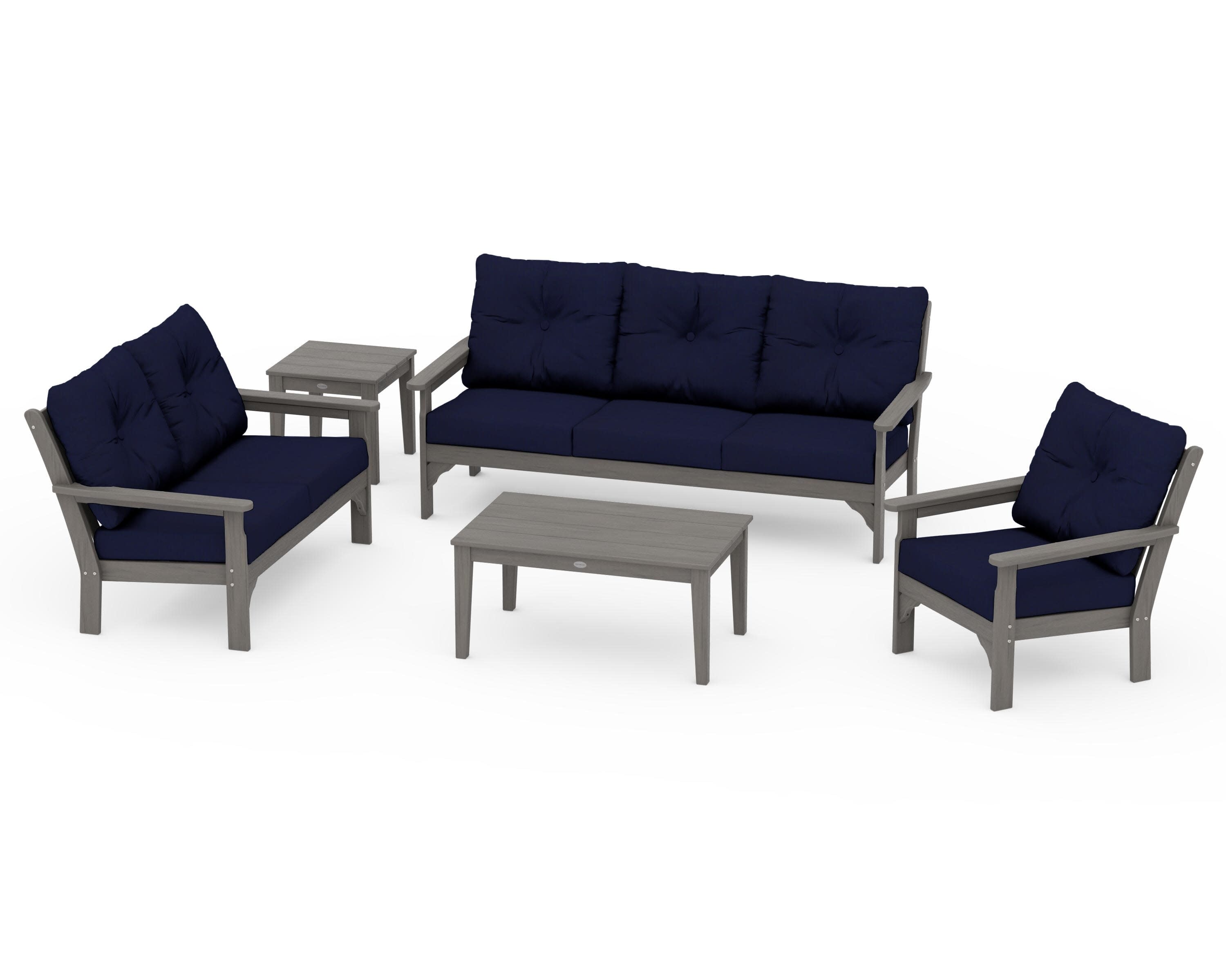 Vineyard 5 Piece Deep Seating Set in Driftwood / Navy
