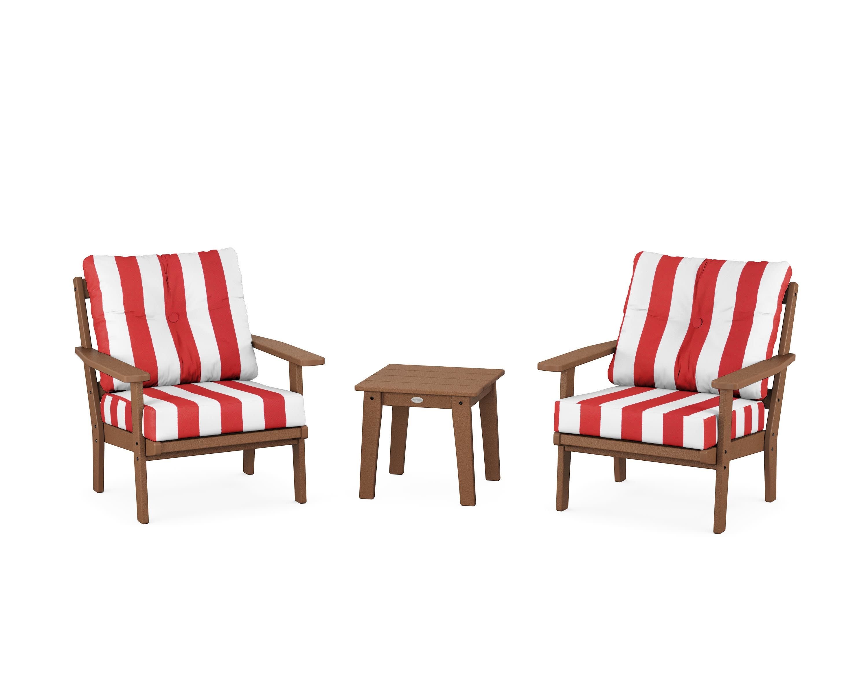 Oxford 3-Piece Deep Seating Set in Teak / Cabana Stripe Crimson