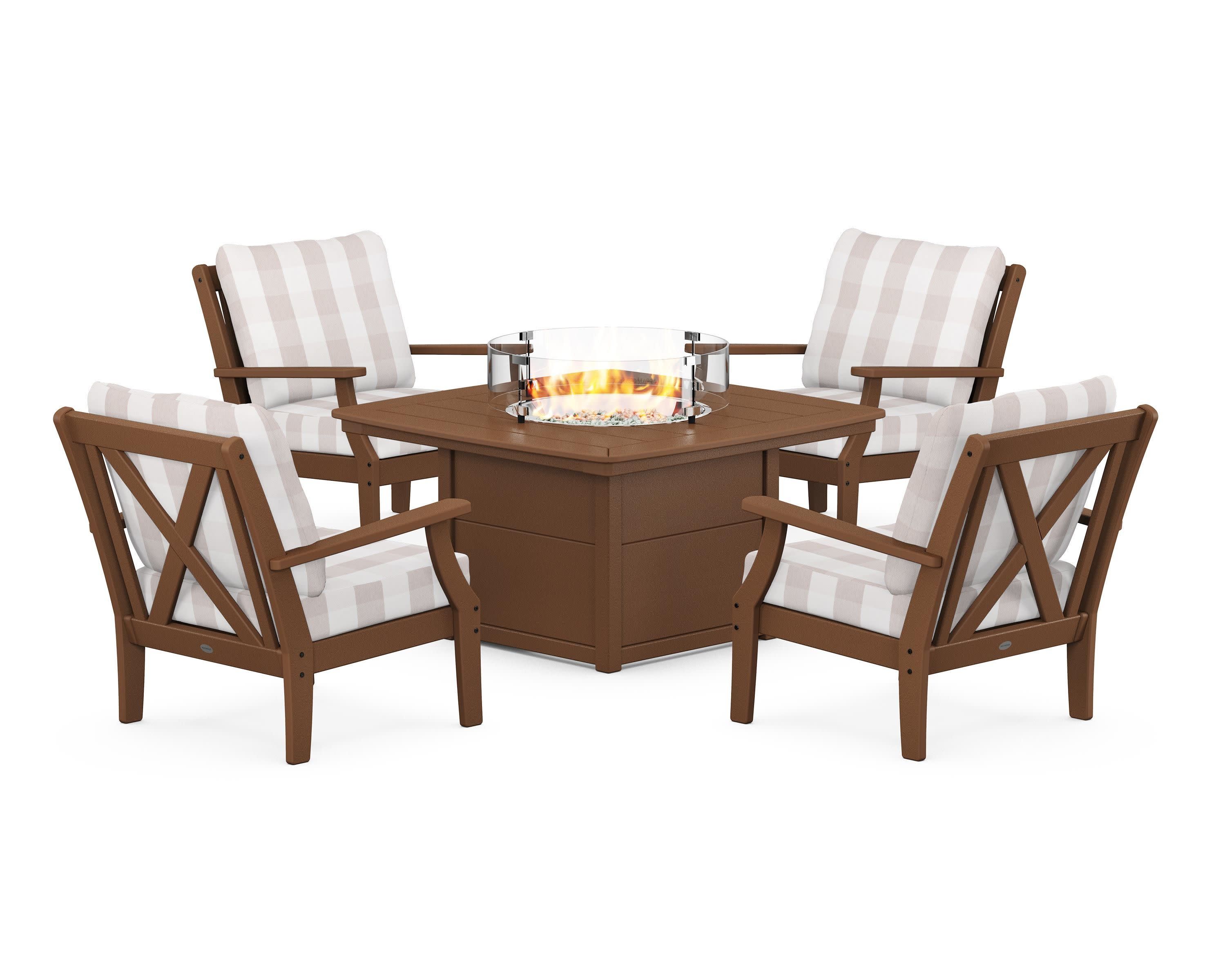 Braxton 5-Piece Deep Seating Conversation Set with Fire Pit Table in Teak / Buffalo Plaid Dune Burlap