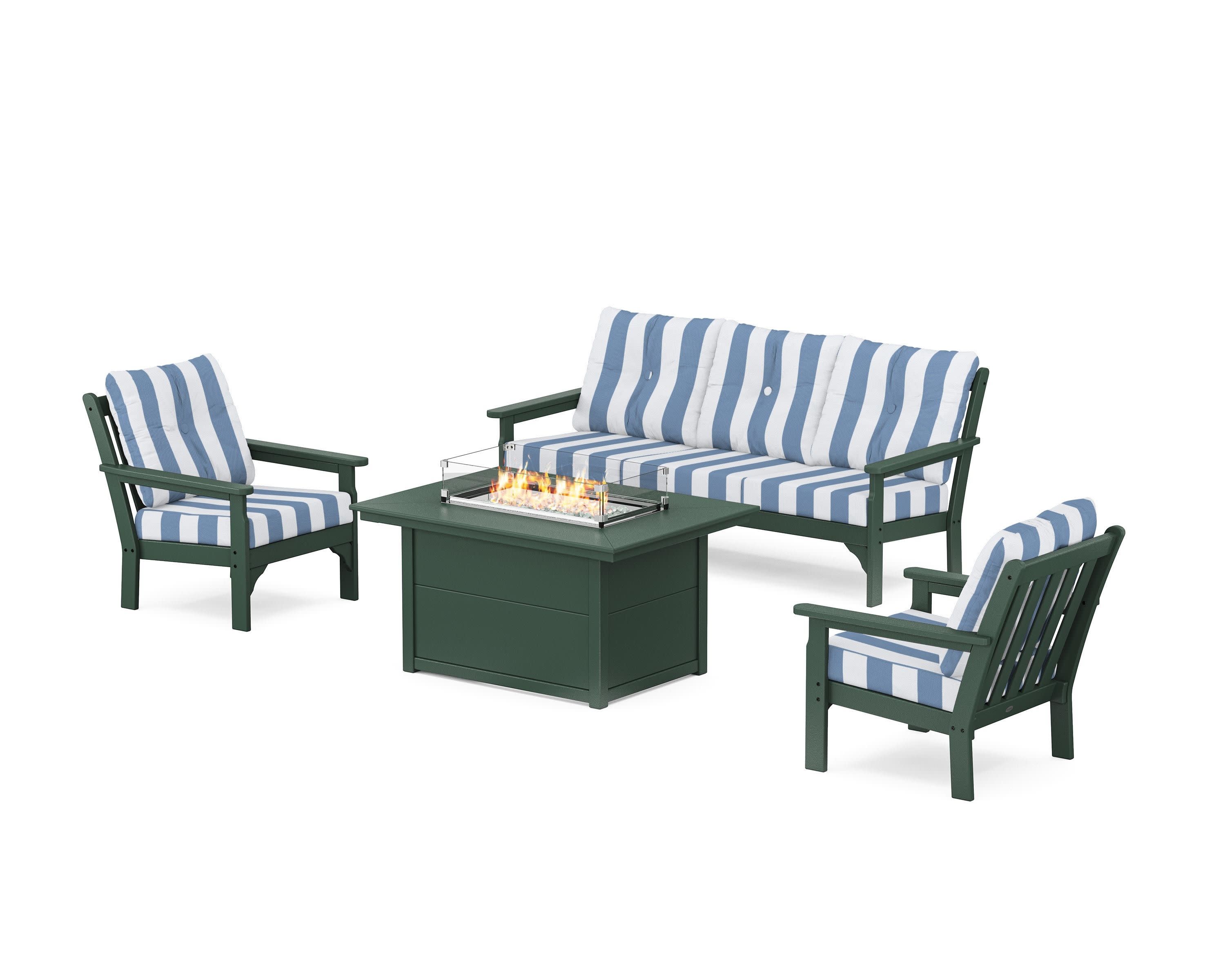 Vineyard Deep Seating Fire Pit Table Set in Green / Cabana Stripe Sky Blue
