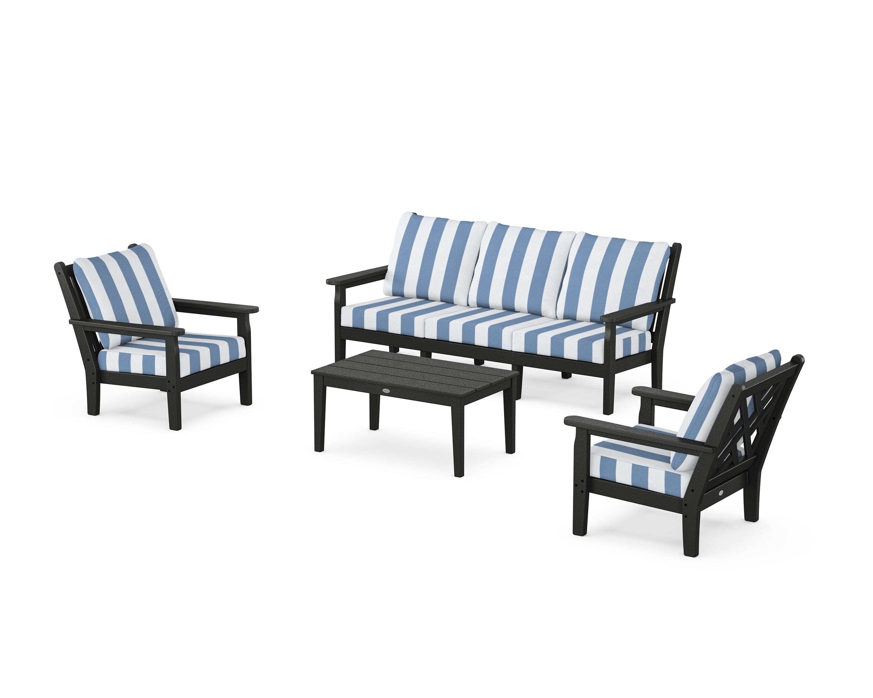 Chippendale 4-Piece Deep Seating Set with Sofa in Black / Cabana Stripe Sky Blue
