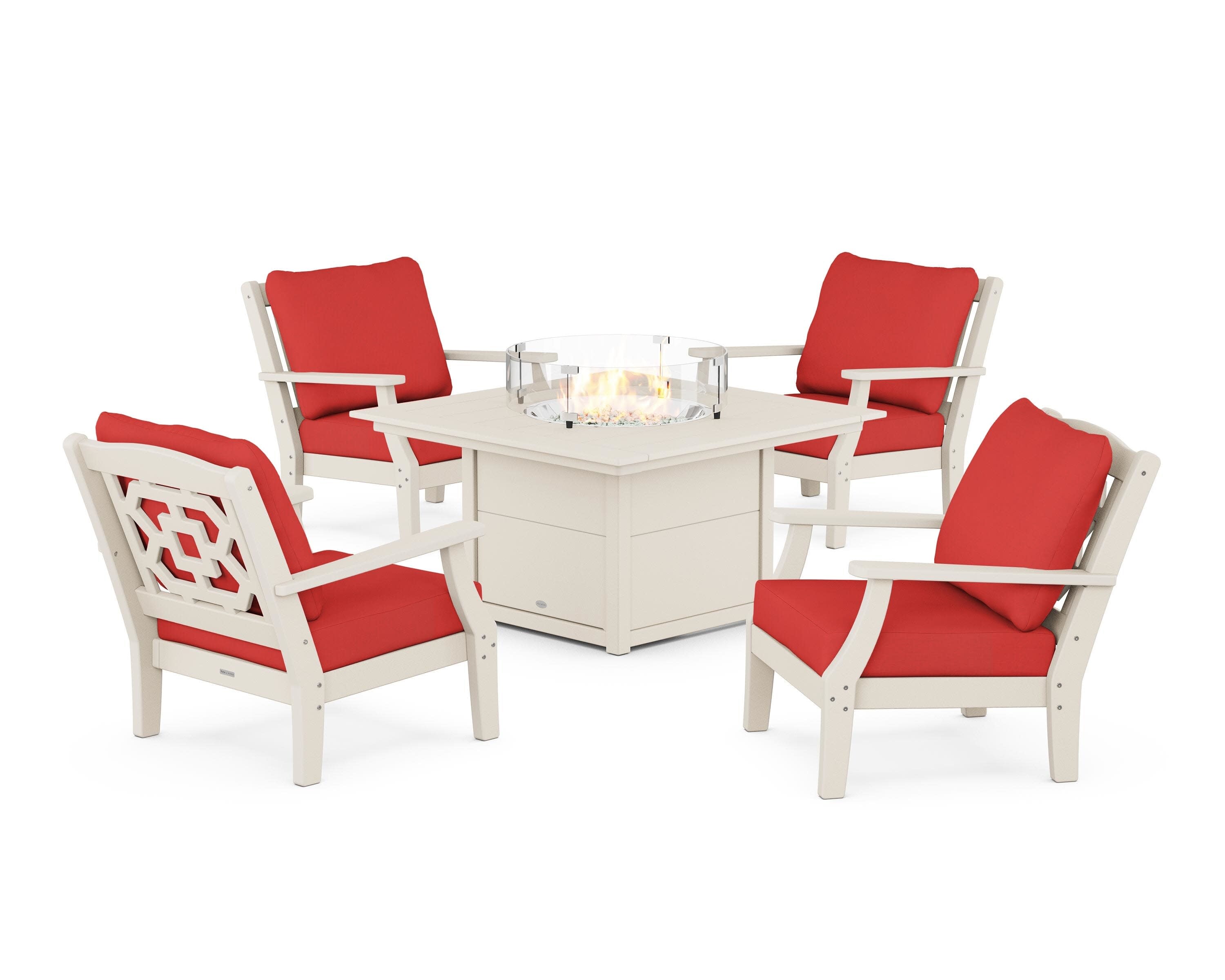Chinoiserie 5-Piece Deep Seating Set with Fire Pit Table in Sand / Crimson Linen