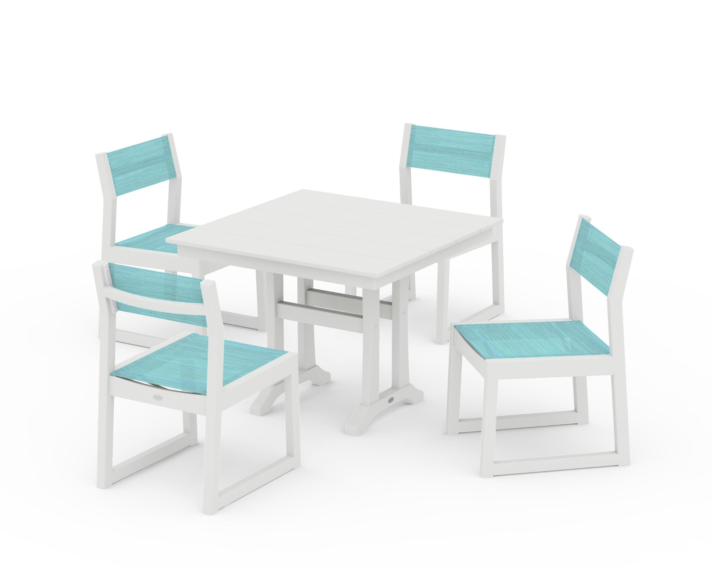 EDGE Sling 5-Piece Farmhouse Trestle Side Chair Dining Set in Vintage White / Dupioni Aquamarine Sling
