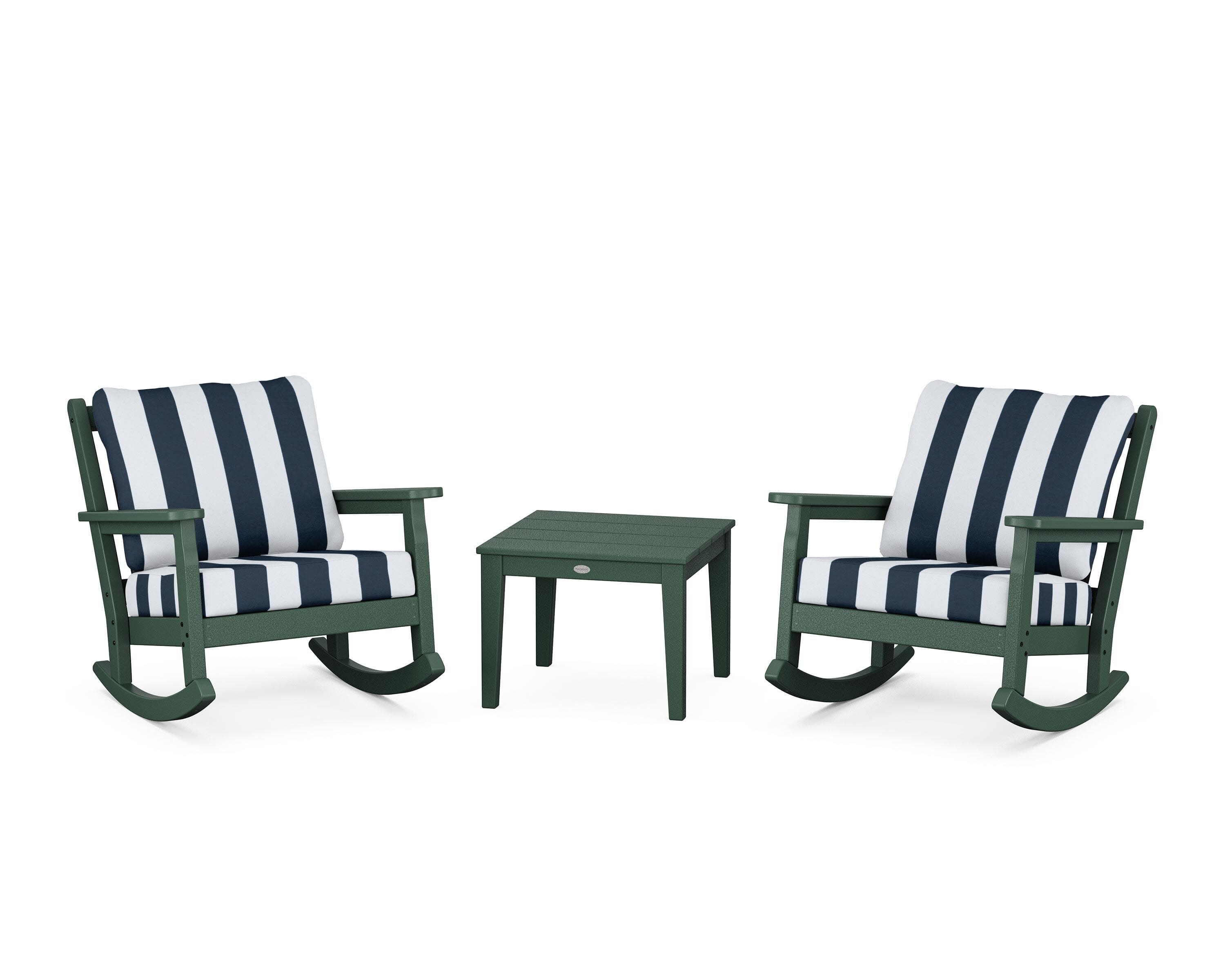 Chippendale 3-Piece Deep Seating Rocker Set in Green / Cabana Stripe Marine Indigo