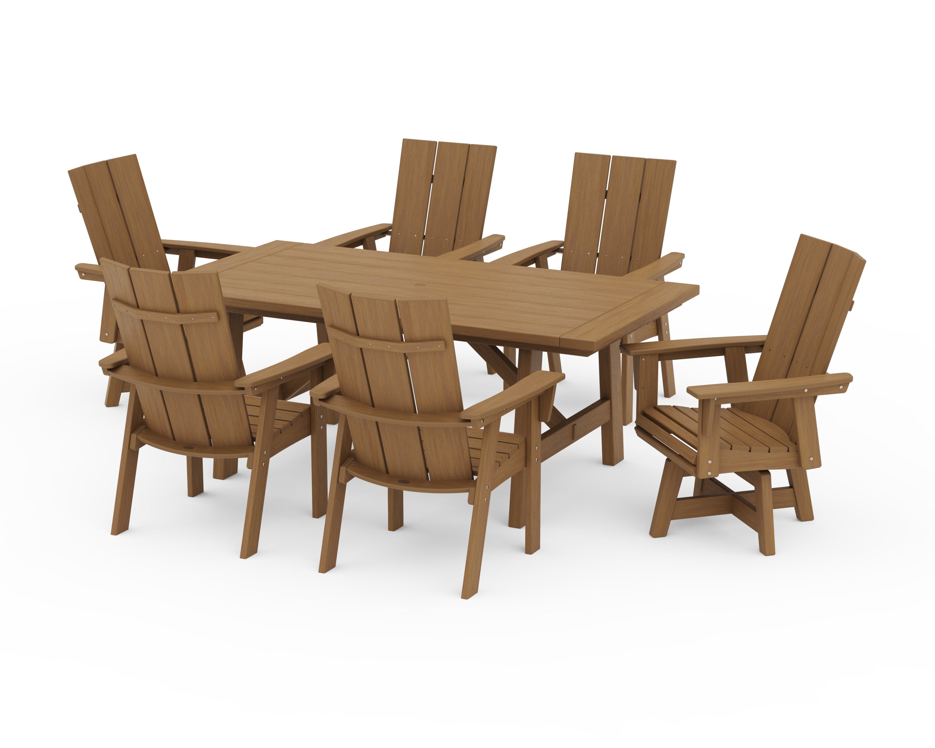 Modern Curveback Adirondack 7-Piece Rustic Farmhouse Swivel Dining Set in Natural
