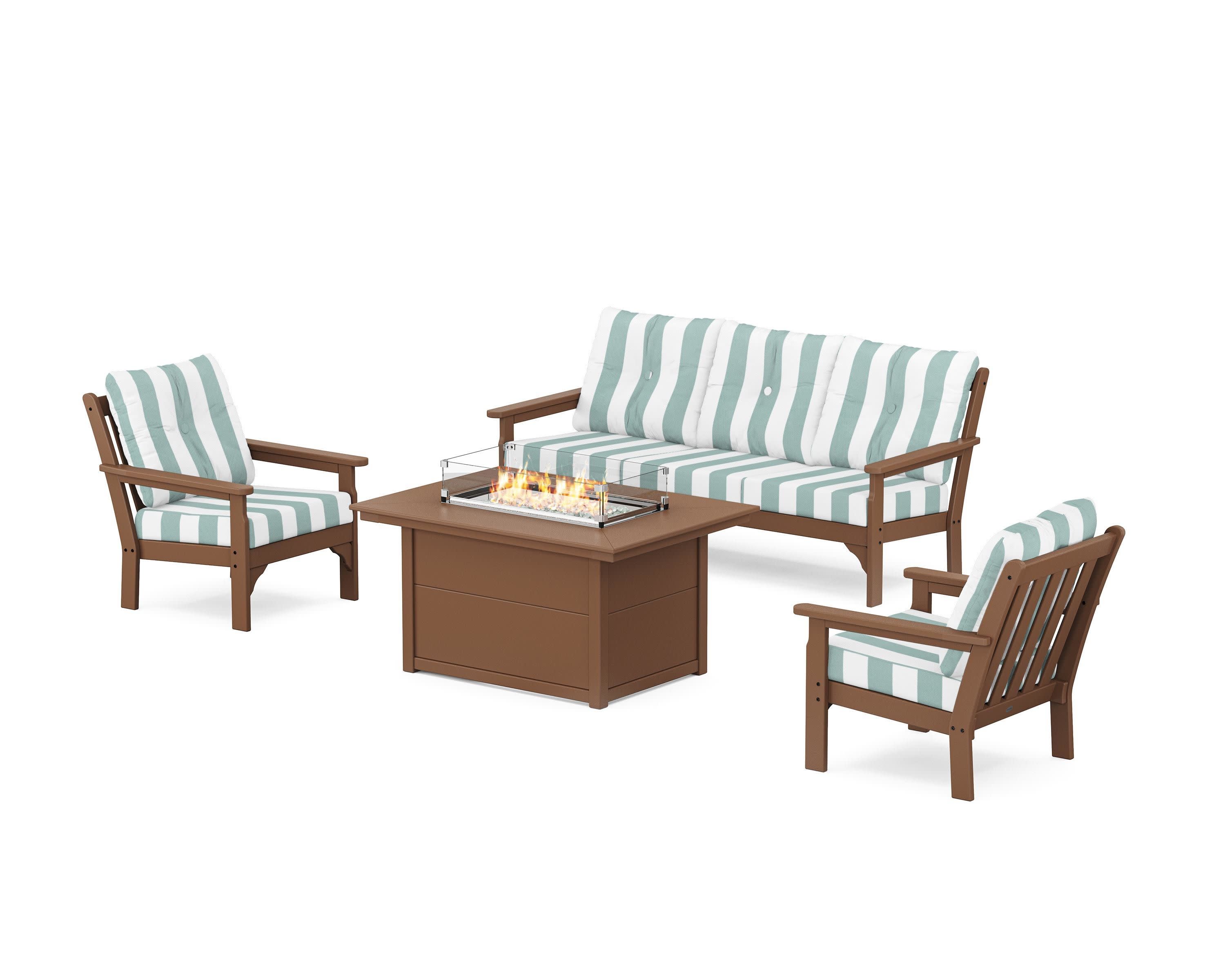 Vineyard Deep Seating Fire Pit Table Set in Teak / Cabana Stripe Glacier Spa