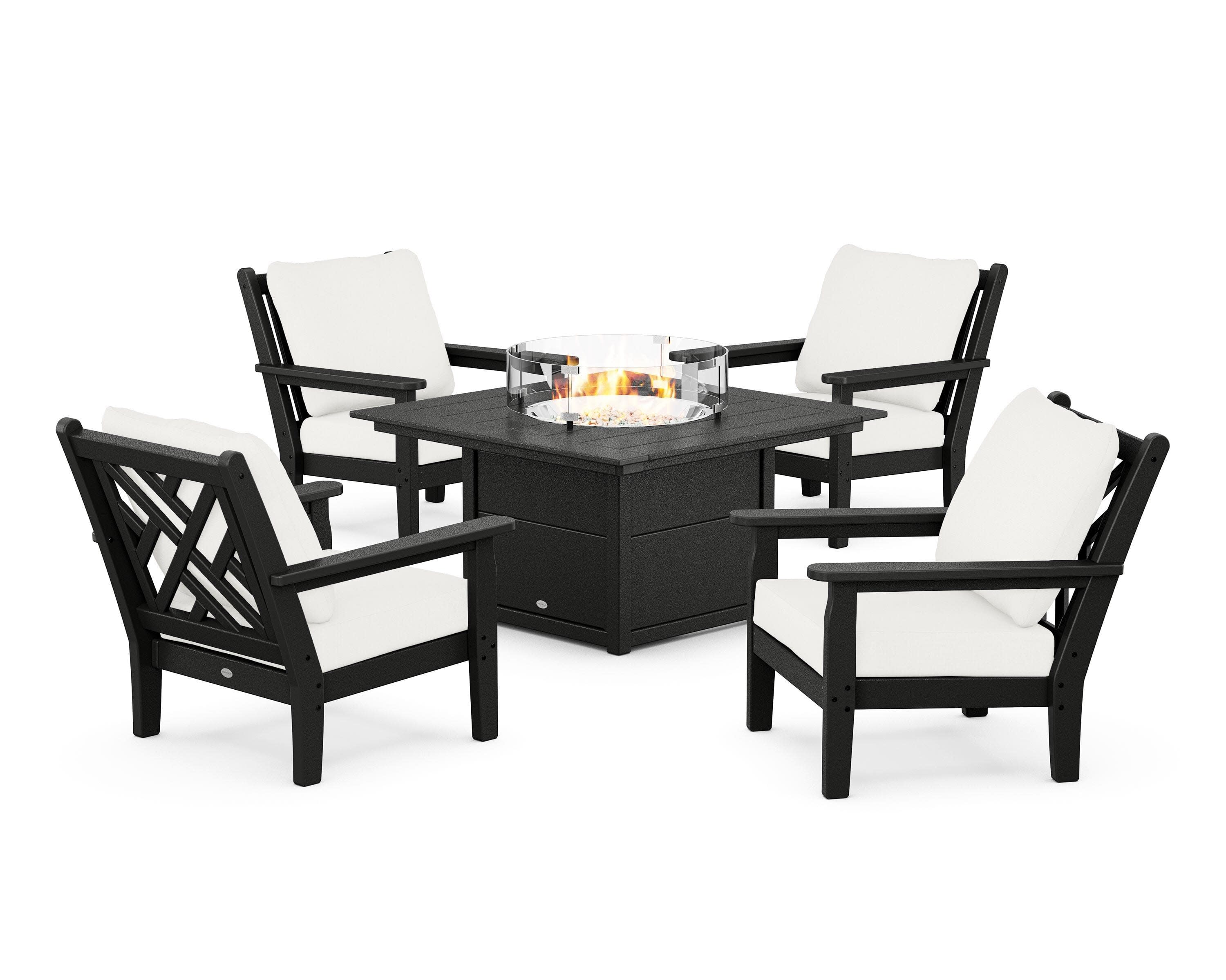 Chippendale 5-Piece Deep Seating Set with Fire Pit Table in Black / Natural Linen
