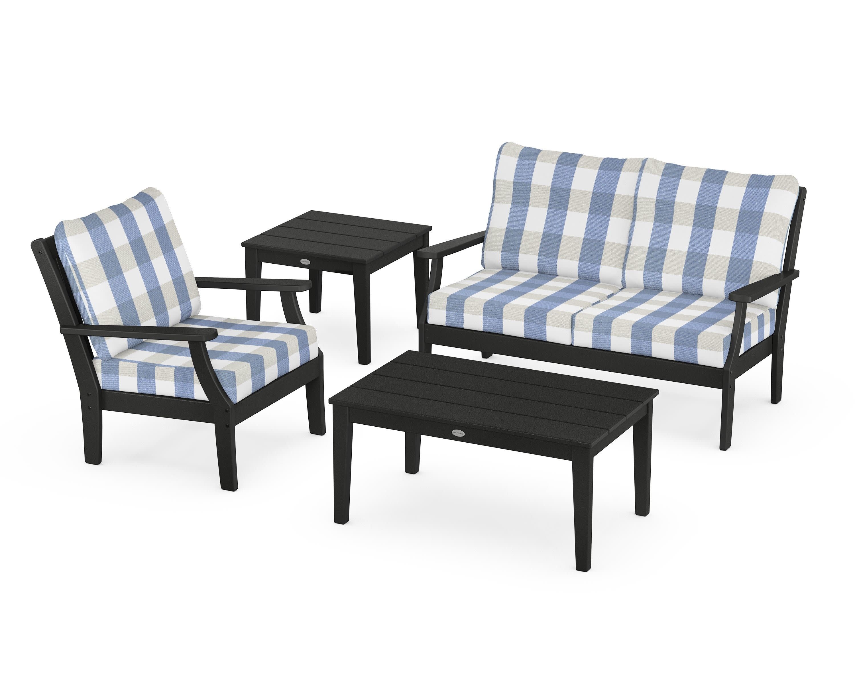Braxton 4-Piece Deep Seating Set in Black / Buffalo Plaid Sky Blue