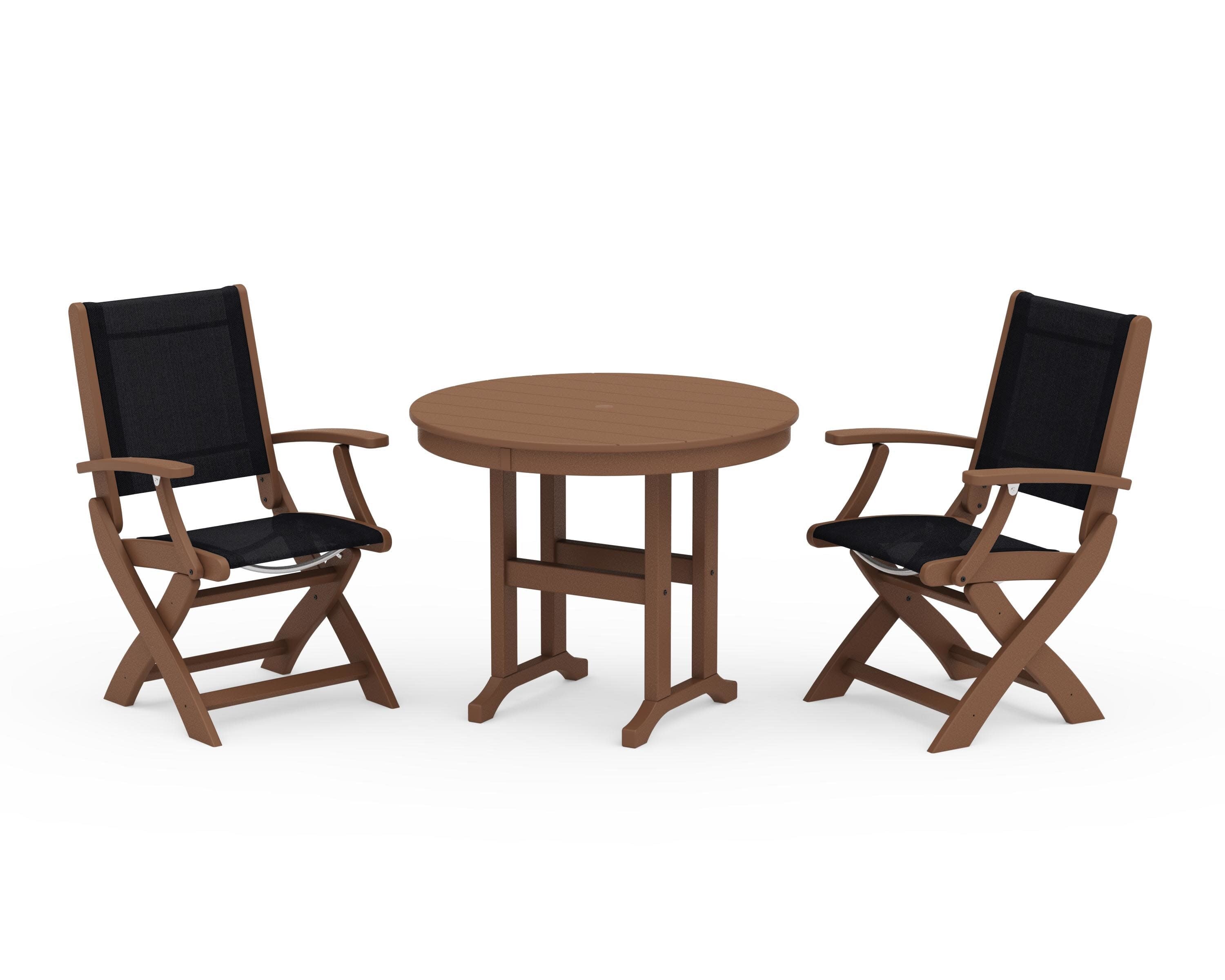 Coastal Folding Chair 3-Piece Round Dining Set in Teak / Black Sling
