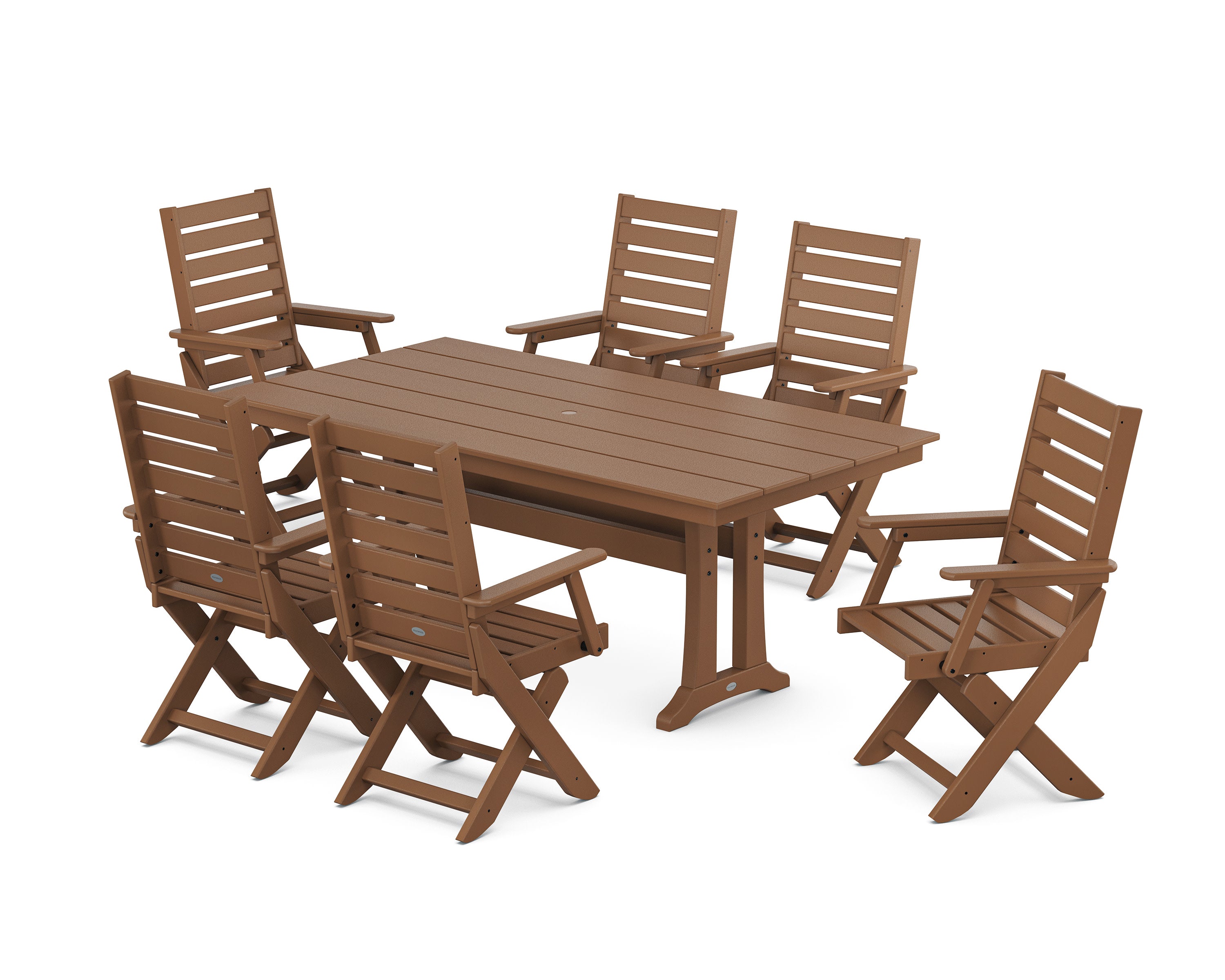 Captain Folding Chair 7-Piece Farmhouse Dining Set with Trestle Legs in Teak
