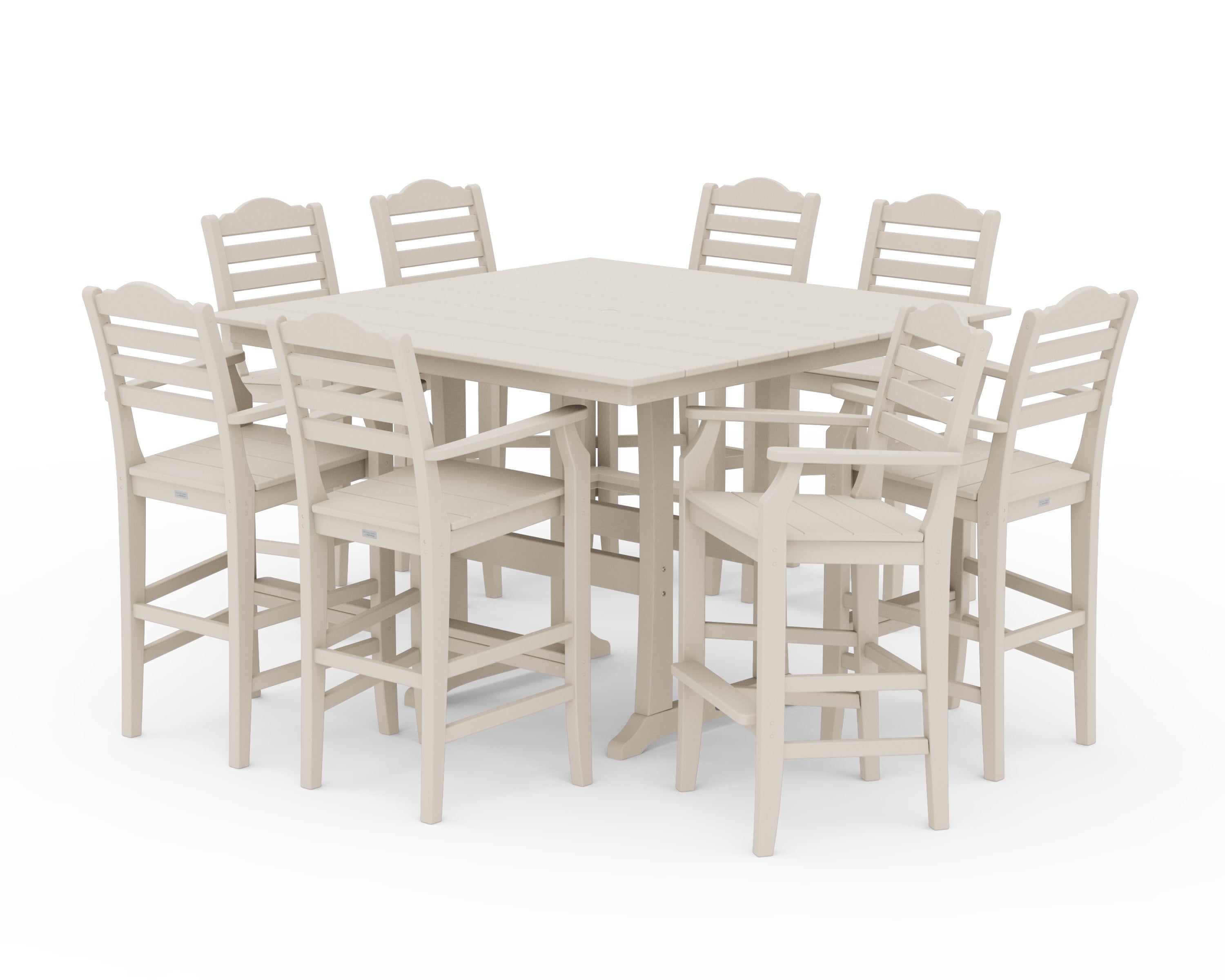 Savannah 9-Piece Square Farmhouse Bar Set with Trestle Legs in Sand
