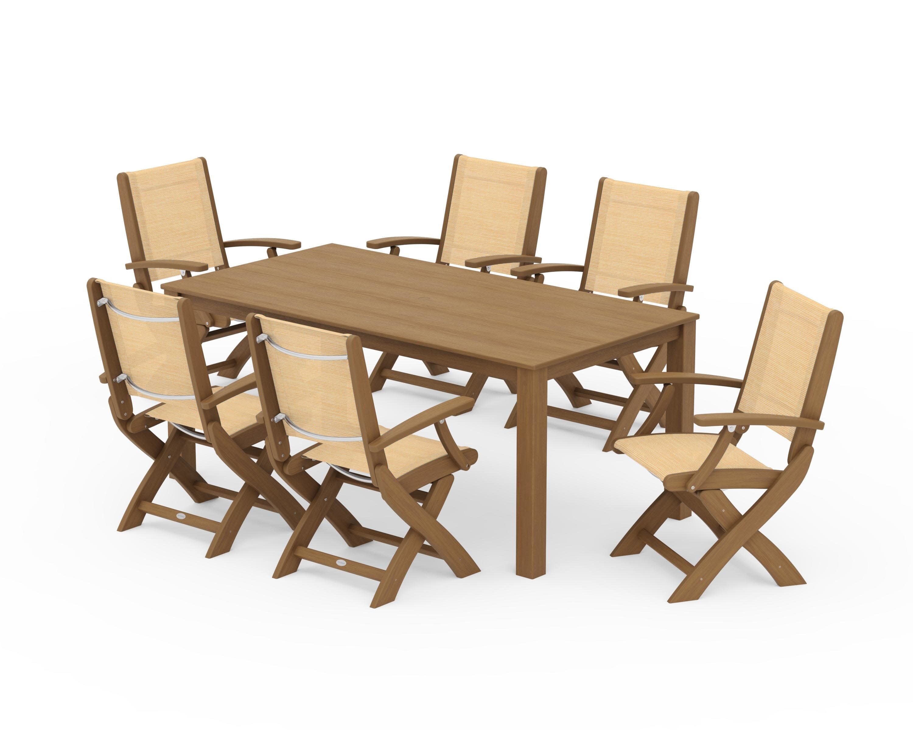 Coastal Folding Chair 7-Piece Parsons Dining Set in Natural / Dupioni Apricot Sling