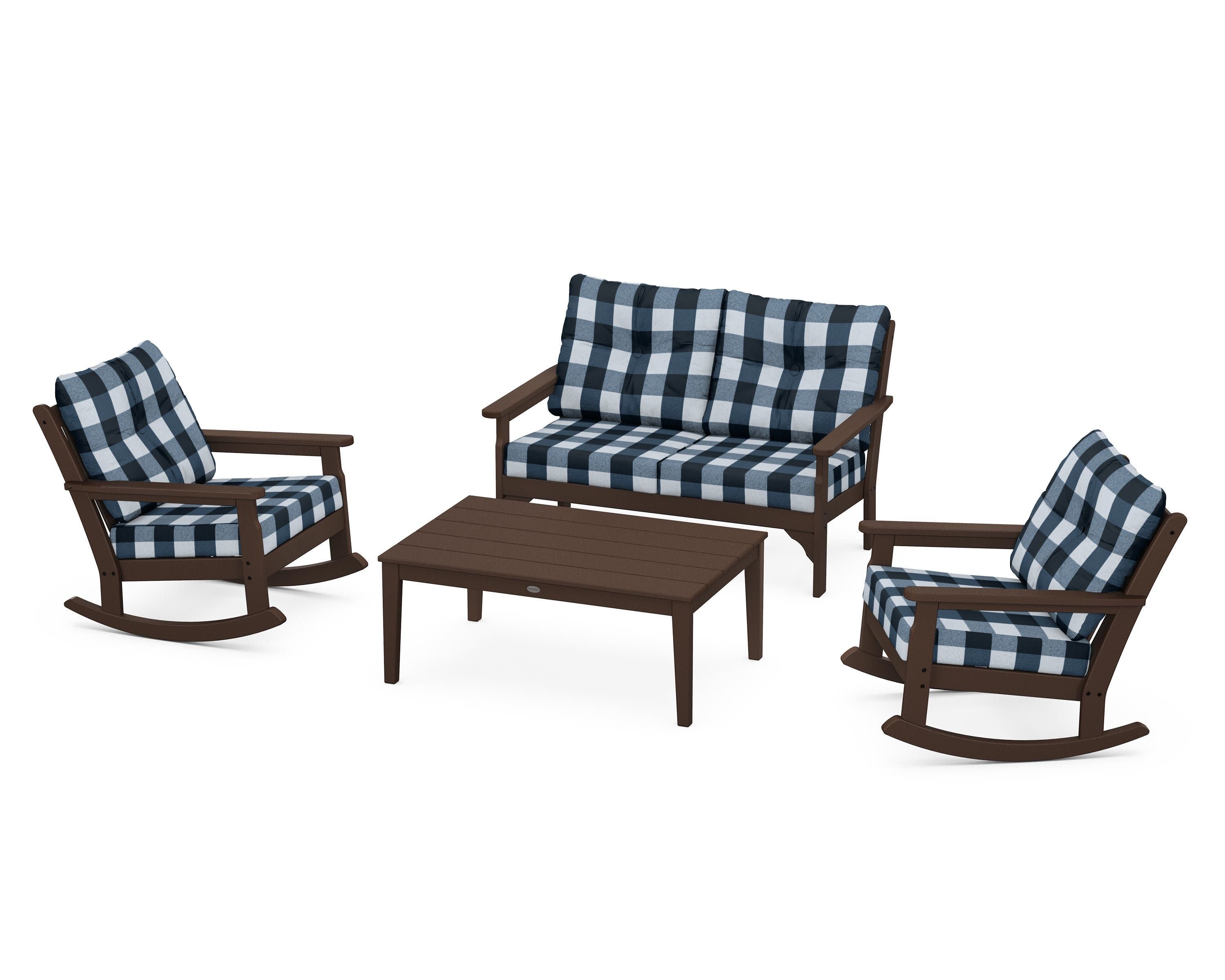 Vineyard 4-Piece Deep Seating Rocking Chair Set in Mahogany / Buffalo Plaid Marine Indigo