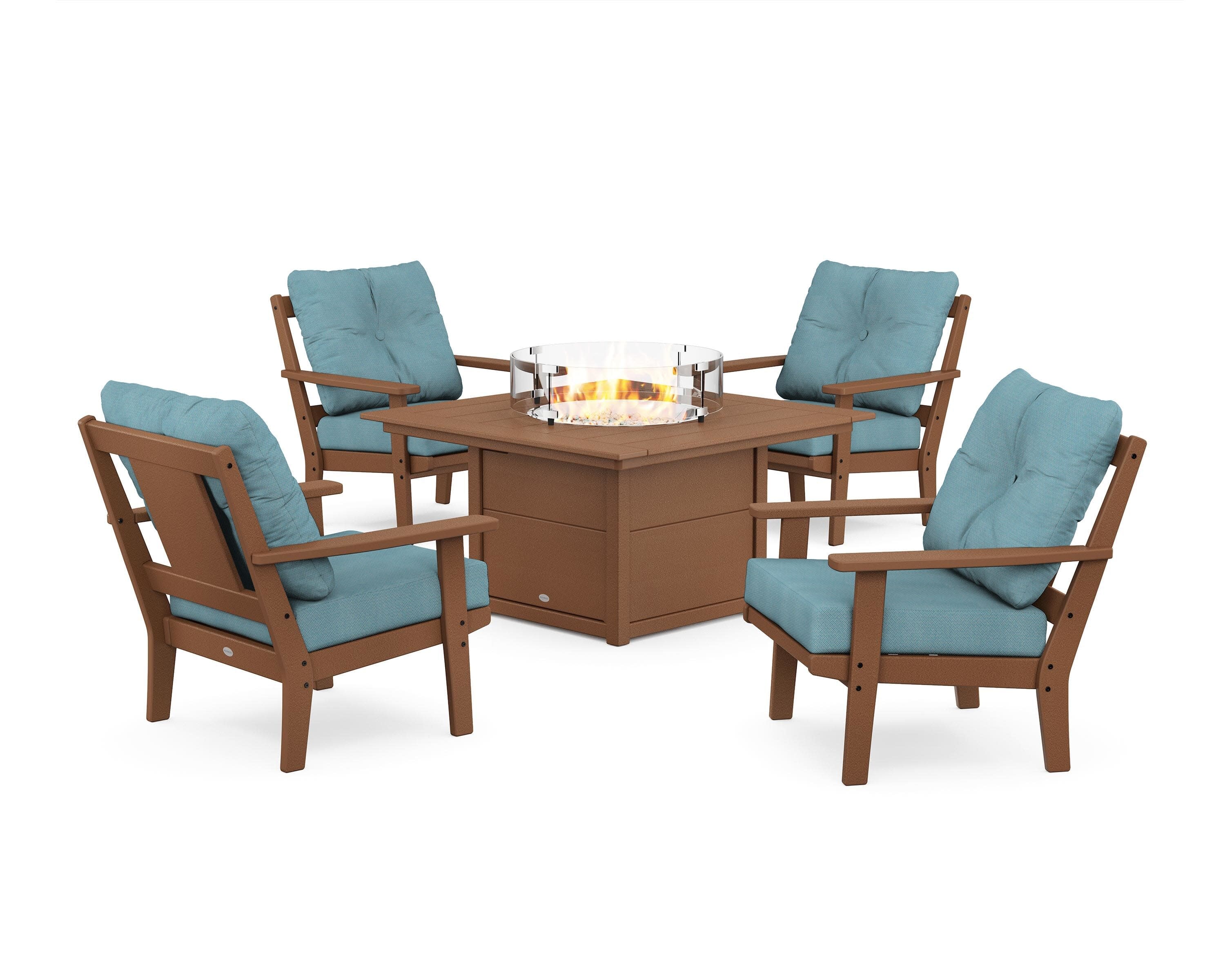 Prairie 5-Piece Deep Seating Set with Fire Pit Table in Teak / Lattice Sky Blue