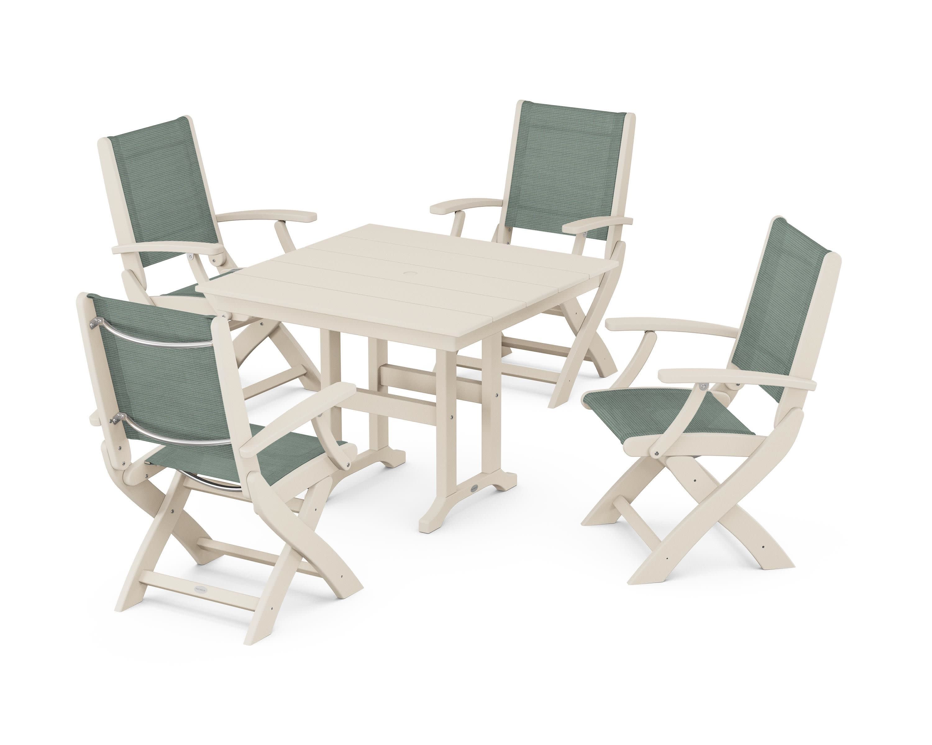 Coastal Folding Chair 5-Piece Farmhouse Dining Set in Sand / Dupioni Sea Mist Sling