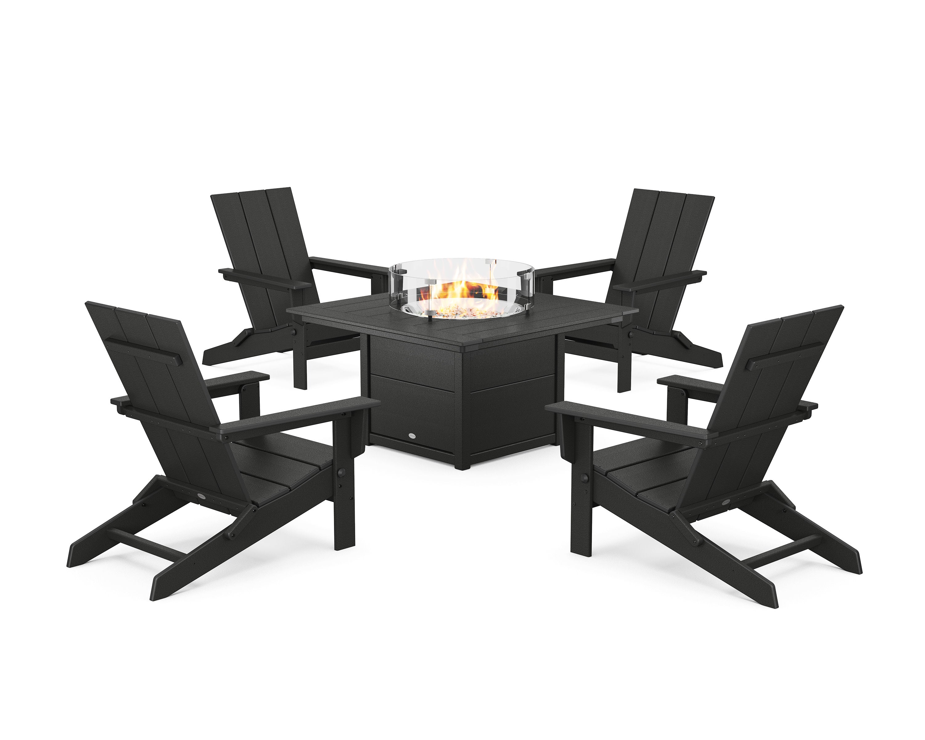 5-Piece Modern Studio Folding Adirondack Conversation Set with Fire Pit Table in Black