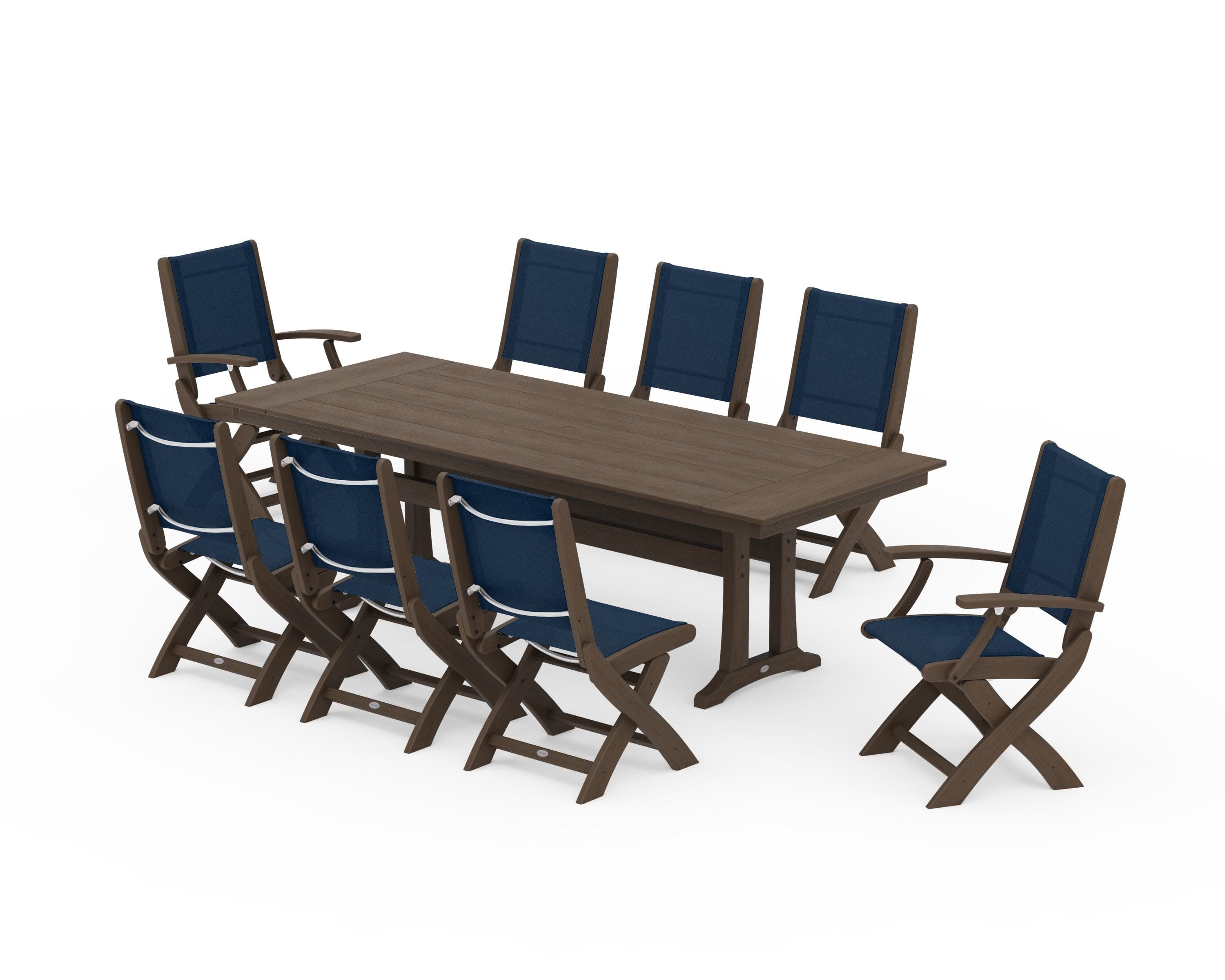 Coastal 9-Piece Folding Dining Chair Farmhouse Dining Set with Trestle Legs in Kona / Navy Blue Sling