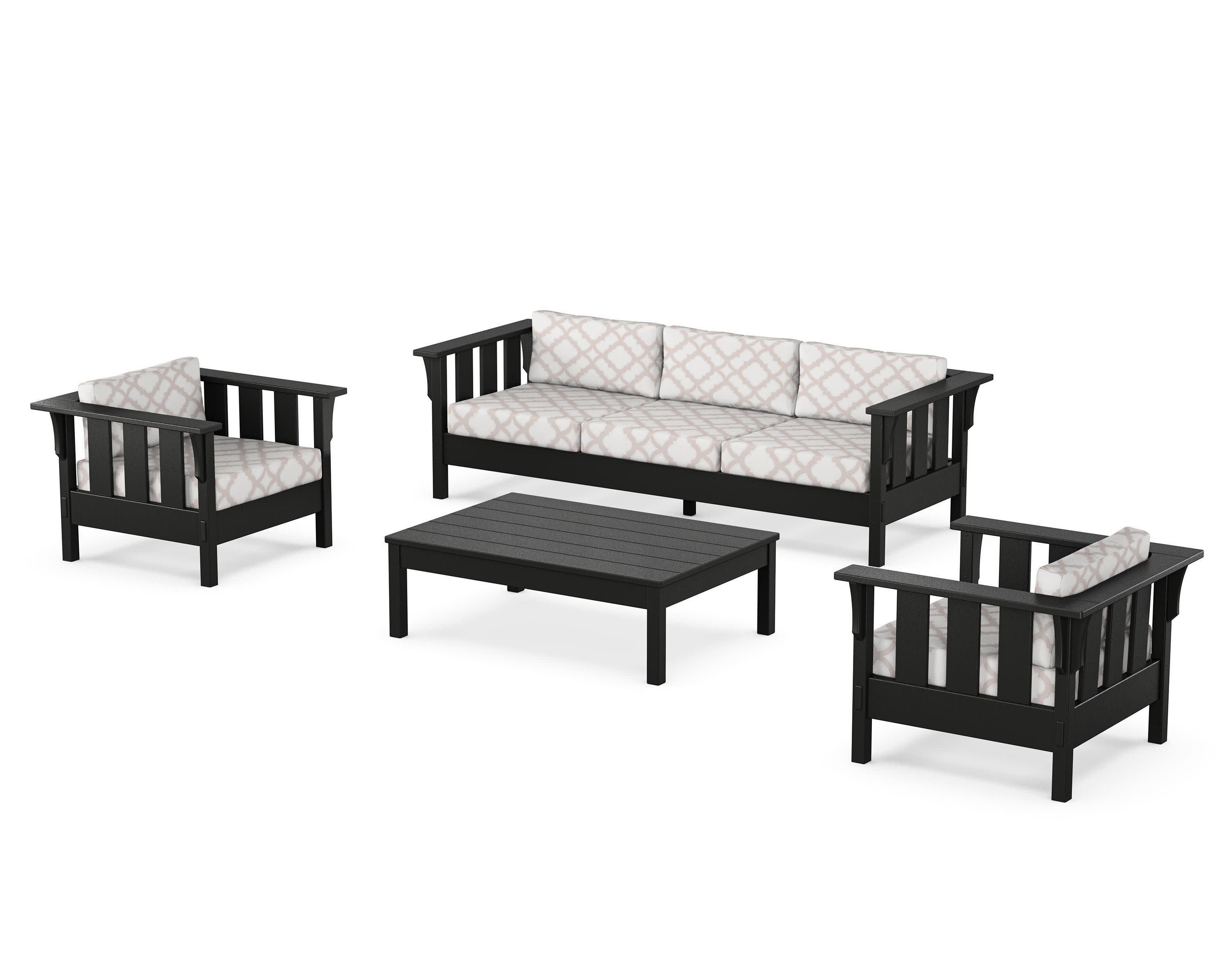 Acadia 4-Piece Deep Seating Set with Sofa in Black / Trellis Dune Burlap