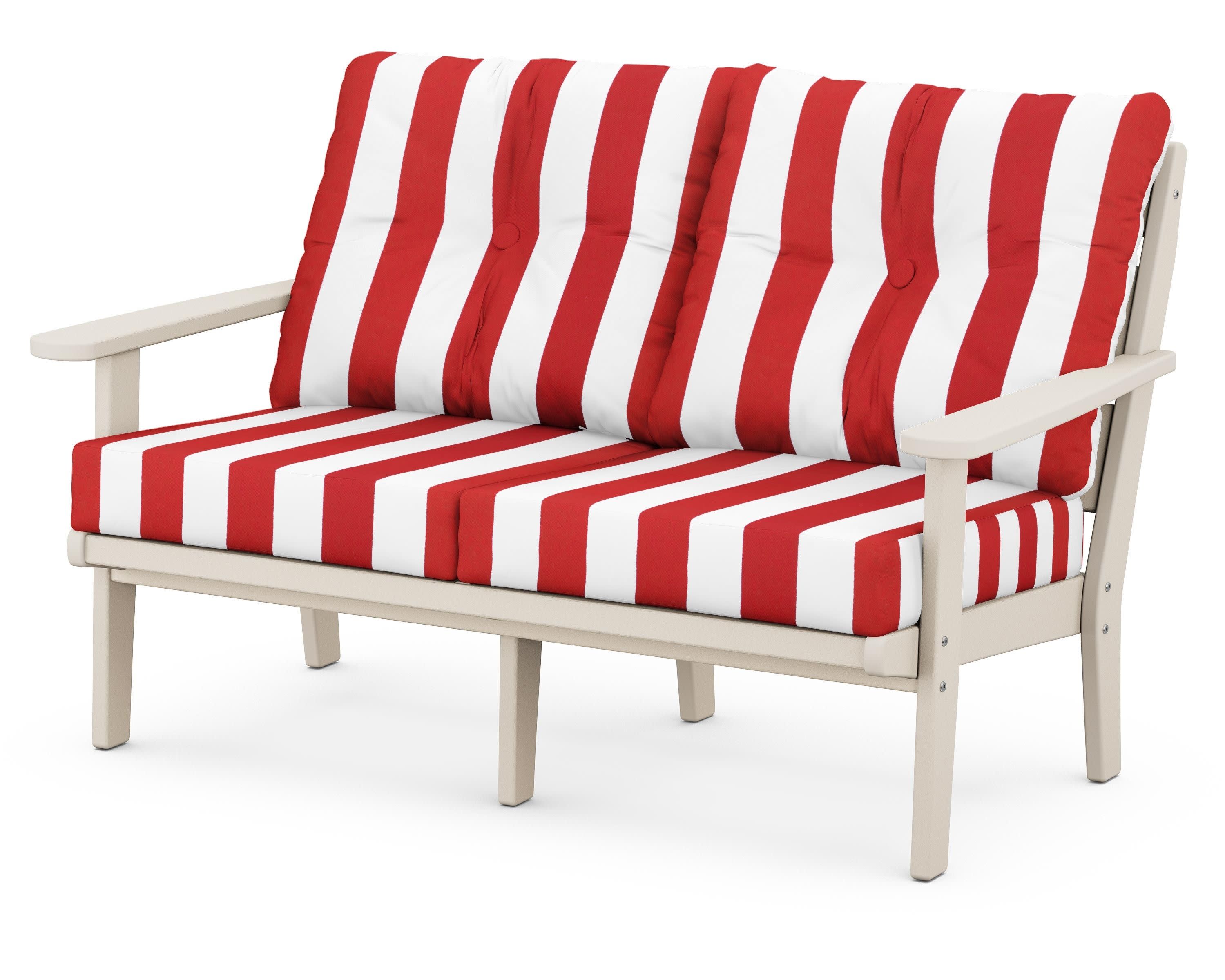 Lakeside Deep Seating Loveseat in Sand / Cabana Stripe Crimson
