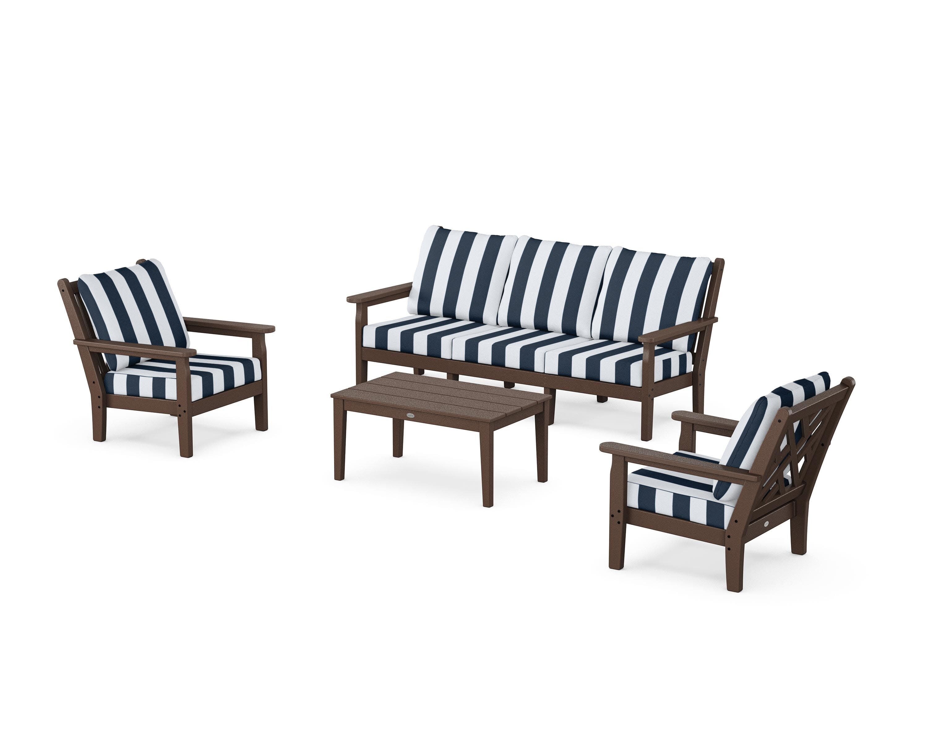 Chippendale 4-Piece Deep Seating Set with Sofa in Mahogany / Cabana Stripe Marine Indigo