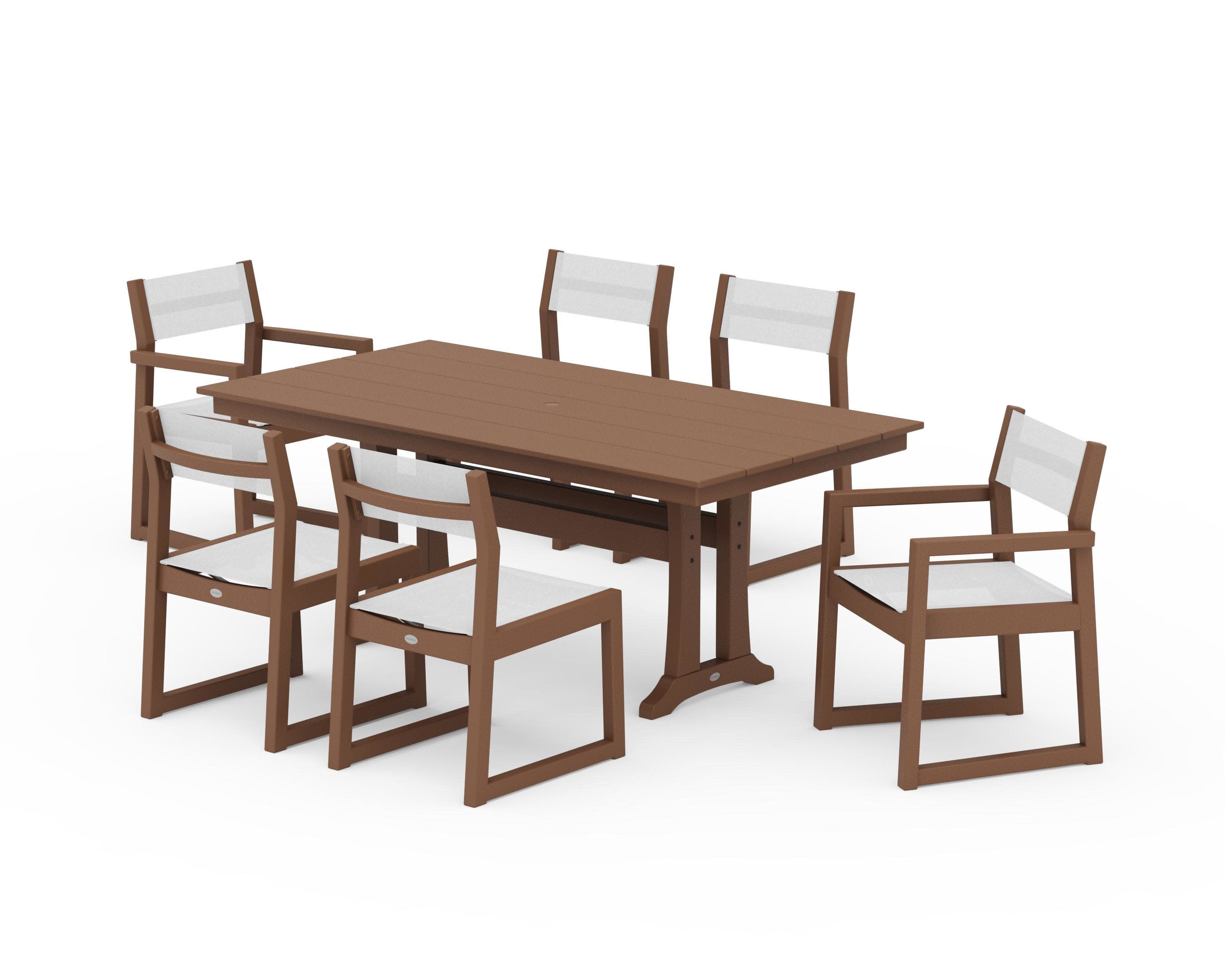 EDGE Sling 7-Piece Farmhouse Trestle Dining Set in Teak / White Sling