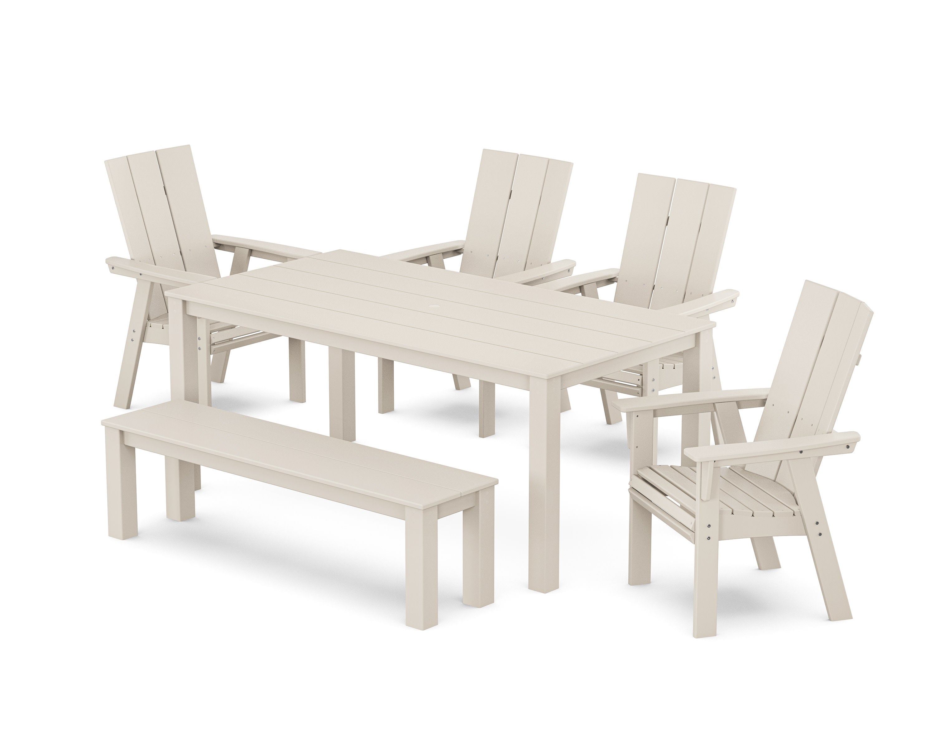 Modern Curveback Adirondack 6-Piece Parsons Dining Set with Bench in Sand