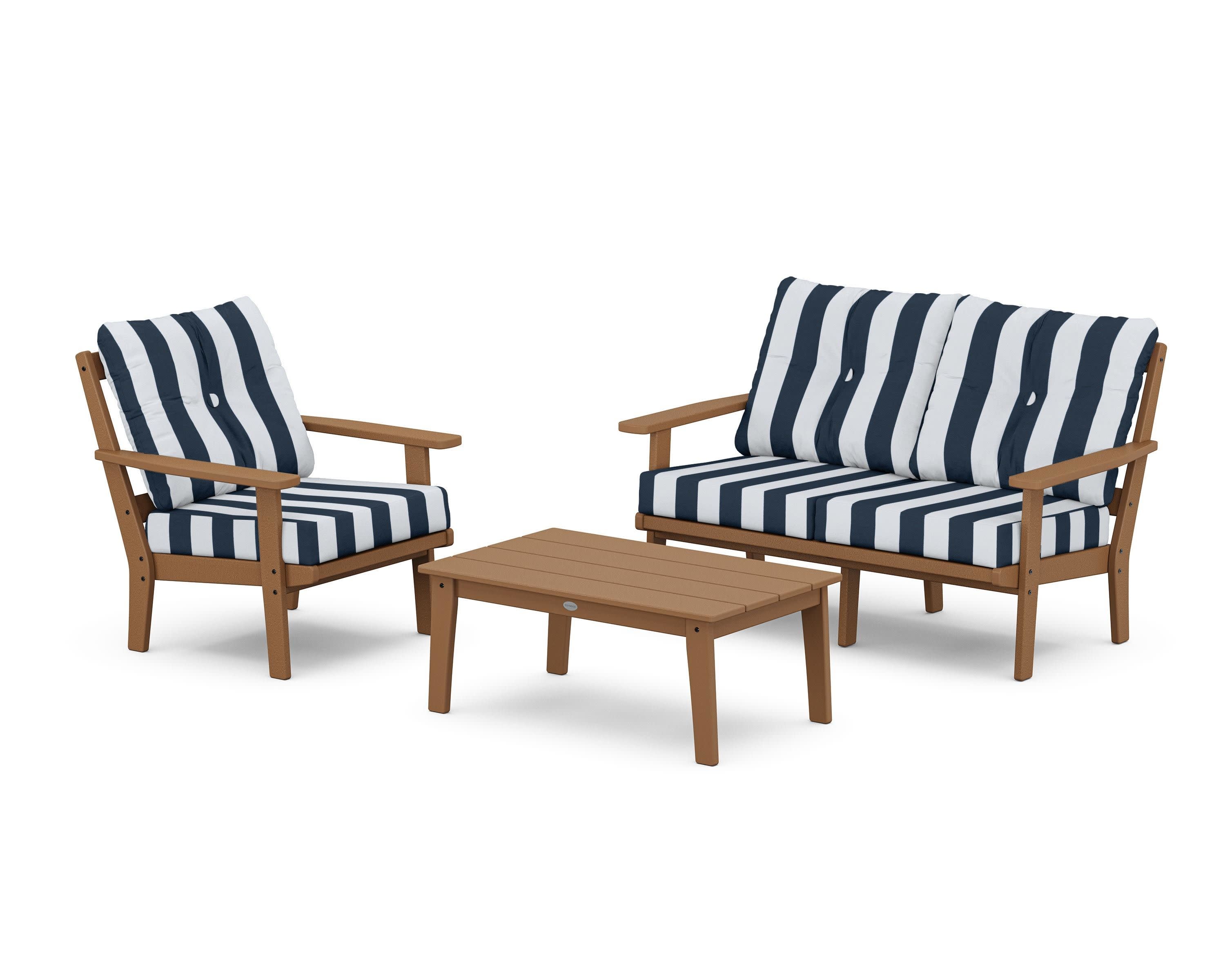 Oxford 3-Piece Deep Seating Set with Loveseat in Teak / Cabana Stripe Marine Indigo