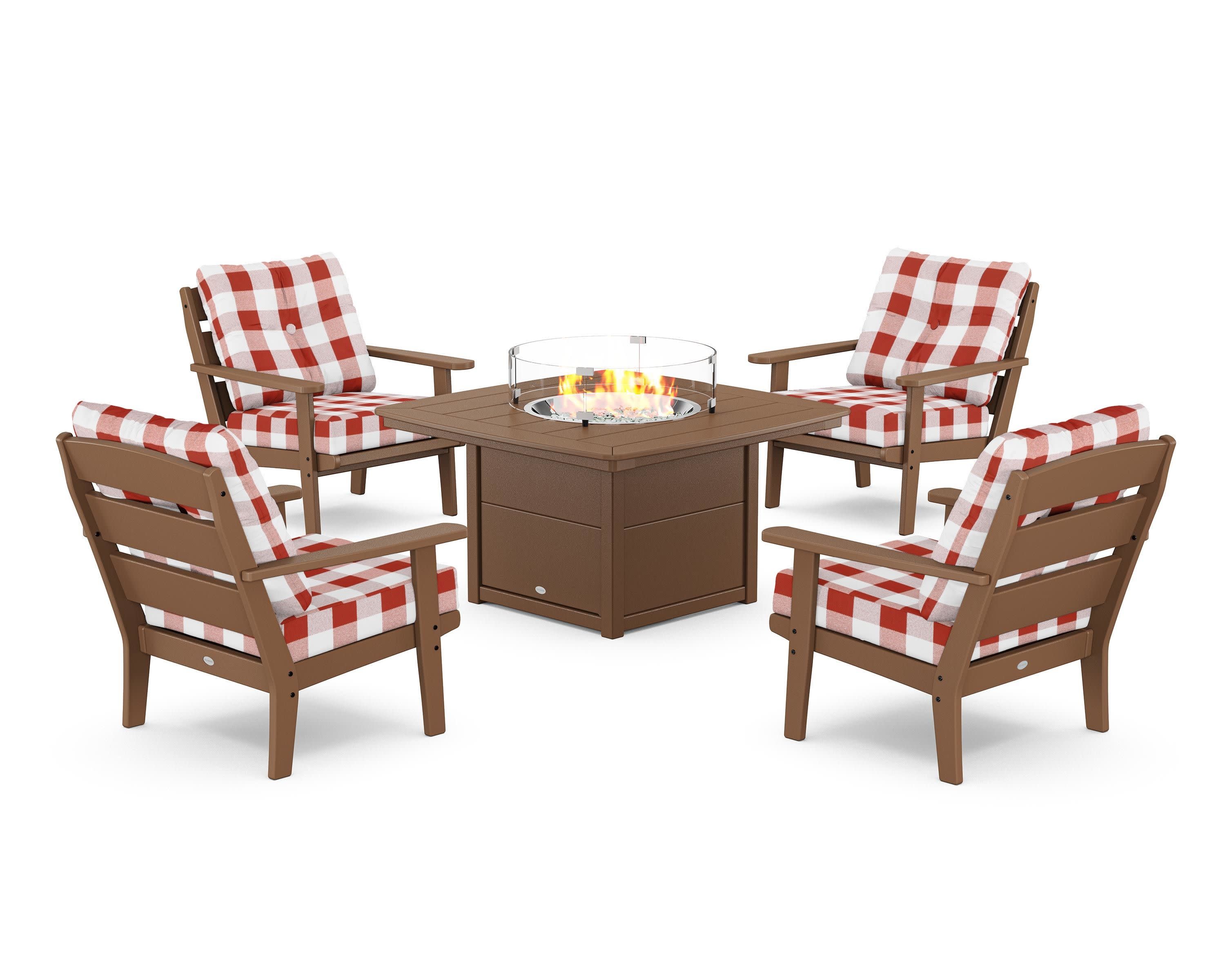 Lakeside 5-Piece Deep Seating Set with Nautical Fire Pit Table in Teak / Buffalo Plaid Crimson