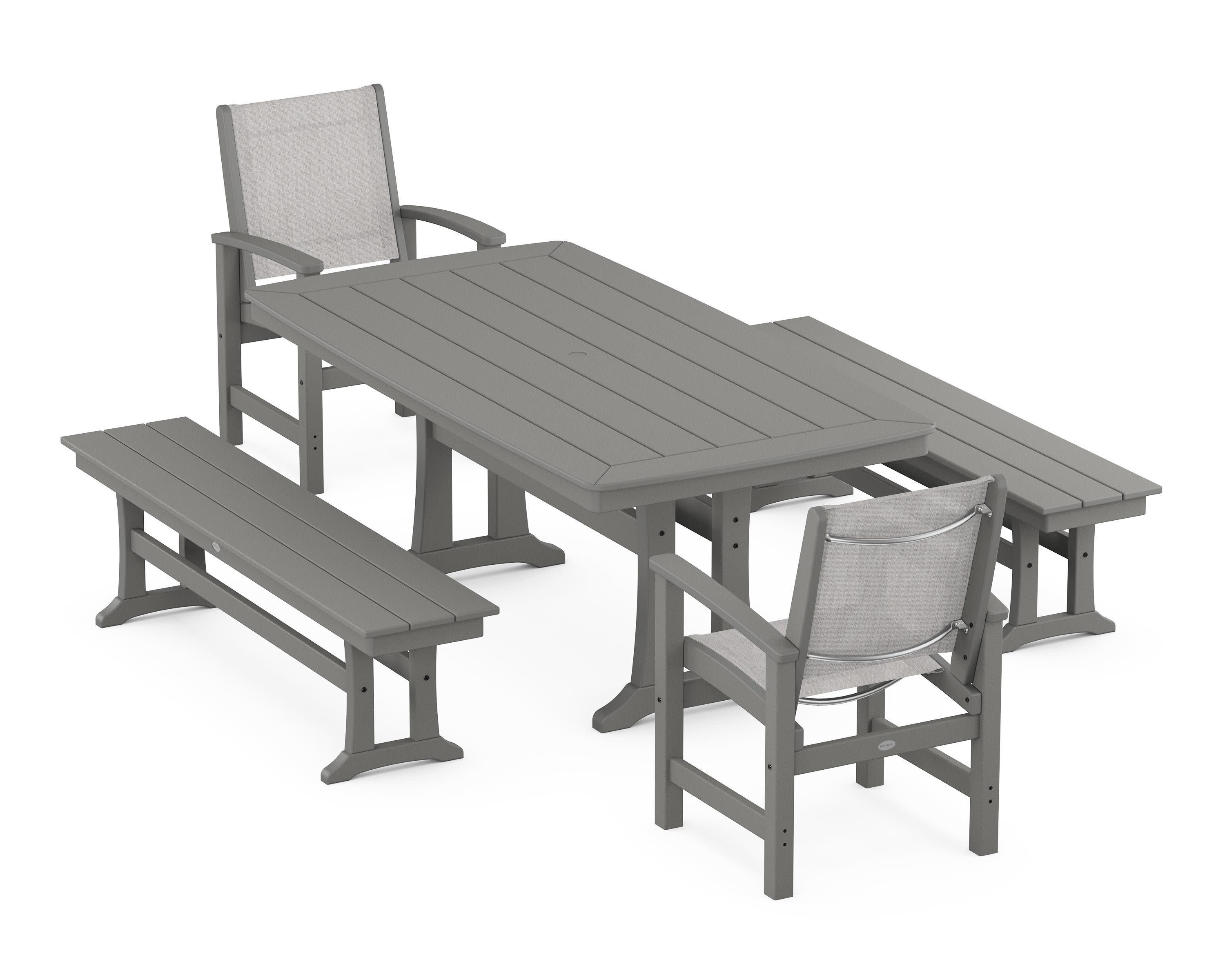 Coastal 5-Piece Dining Set with Trestle Legs and Benches in Slate Grey / Parchment Sling