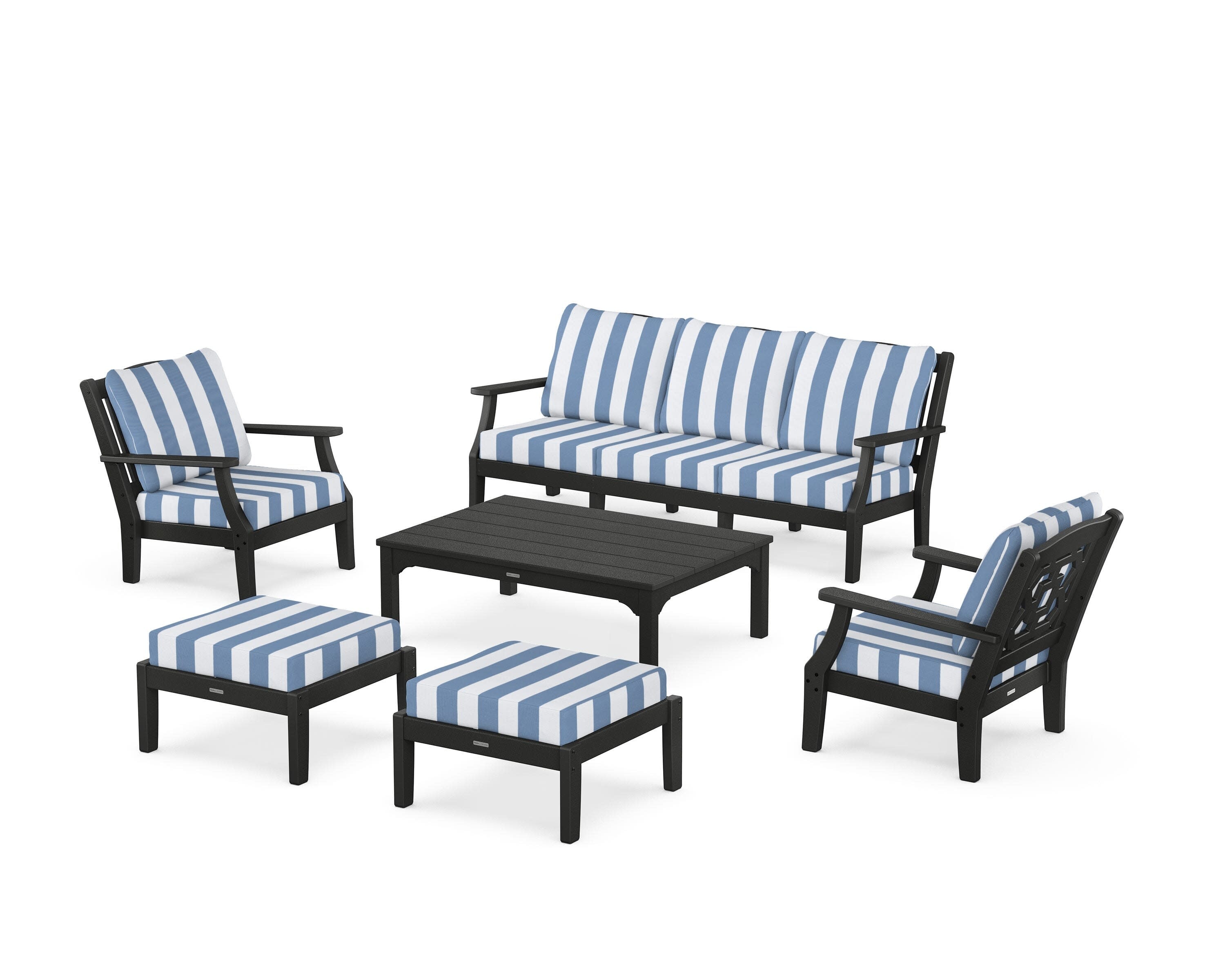 Chinoiserie 6-Piece Lounge Sofa Set in Black / Cabana Stripe Sky Blue