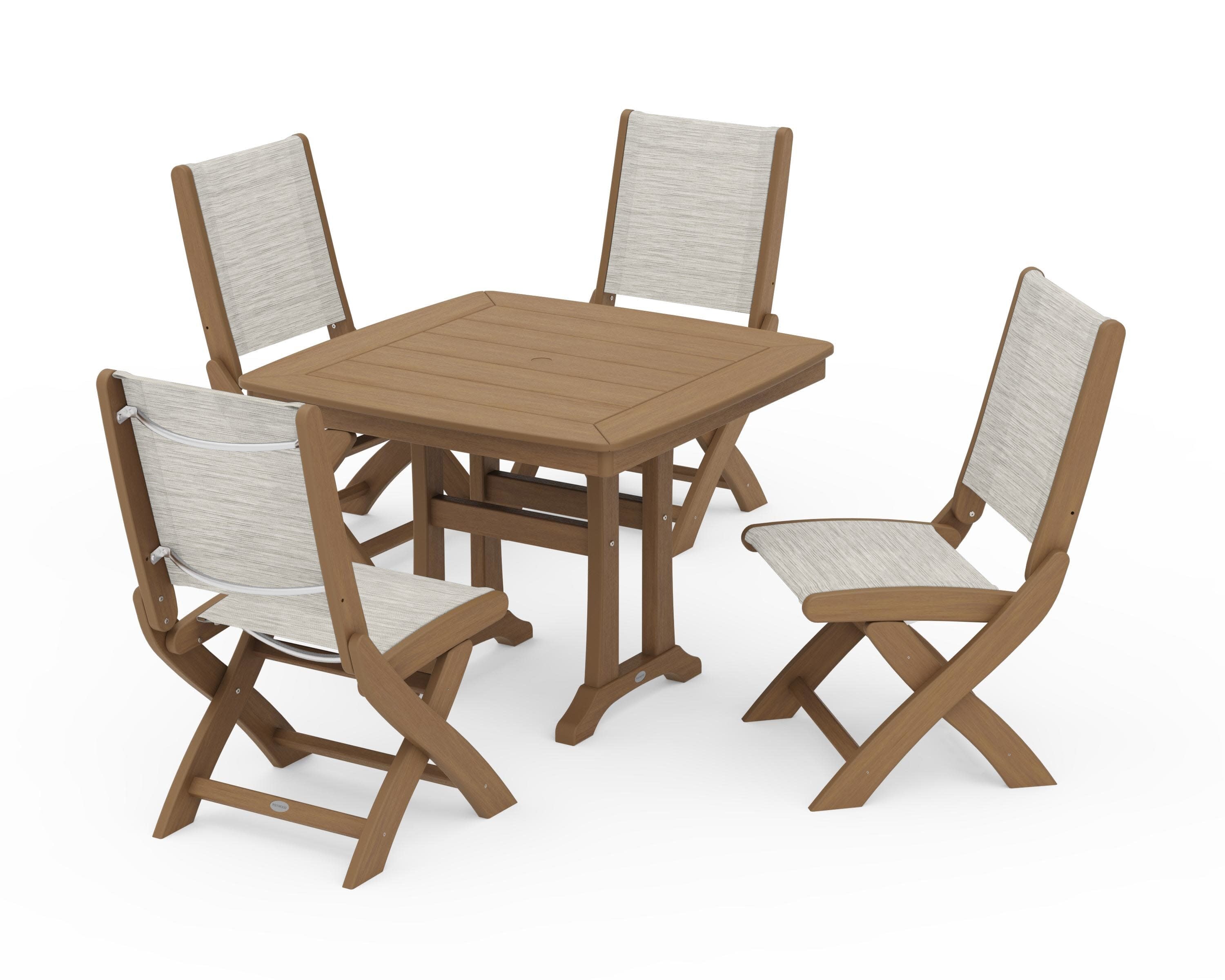 Coastal Folding Side Chair 5-Piece Dining Set with Trestle Legs in Natural / Birch Sling