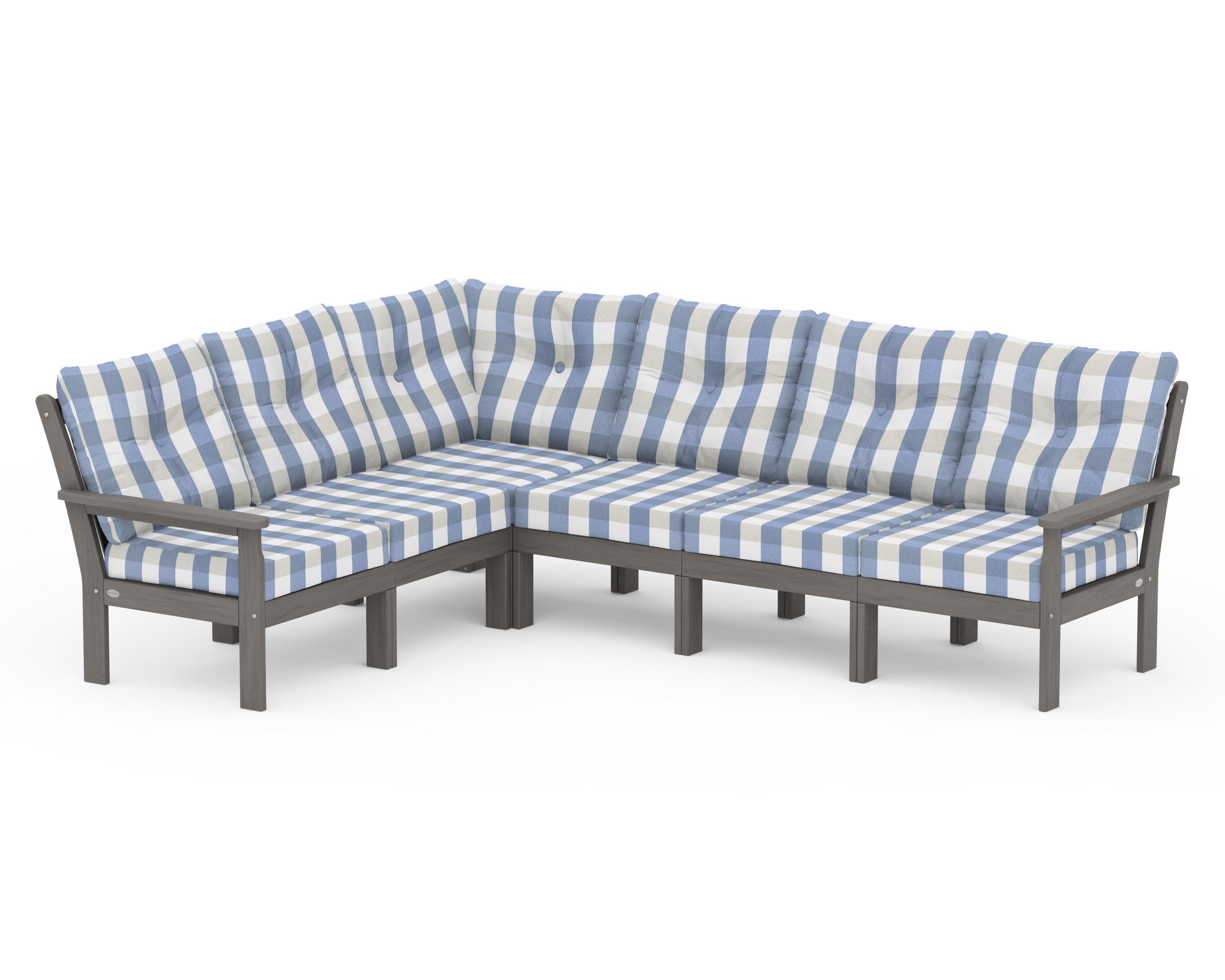 Vineyard 6-Piece Sectional in Driftwood / Buffalo Plaid Sky Blue