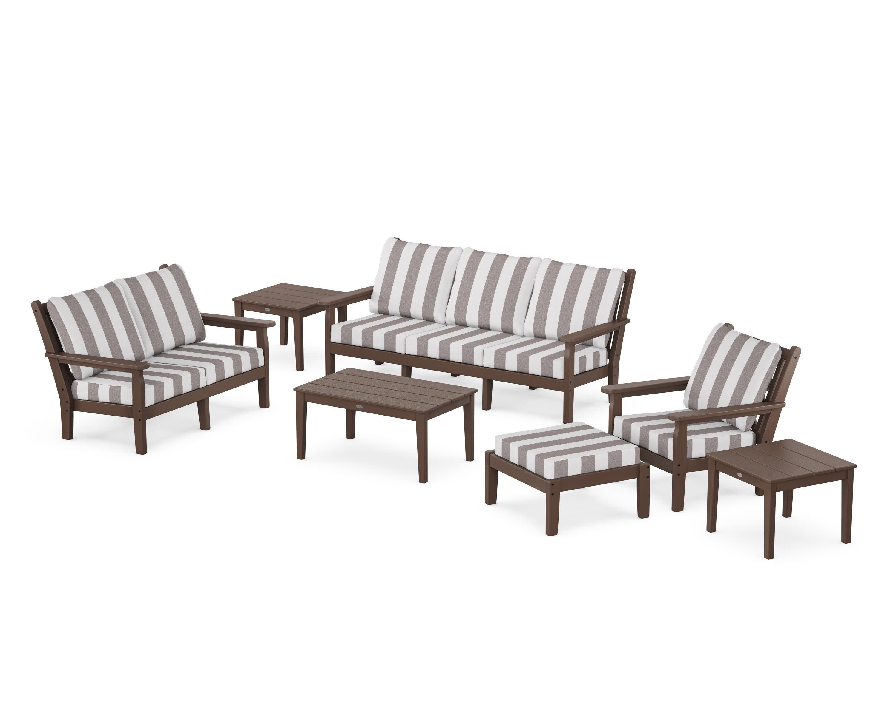 Chippendale 7-Piece Deep Seating Set in Mahogany / Cabana Stripe Grey Mist