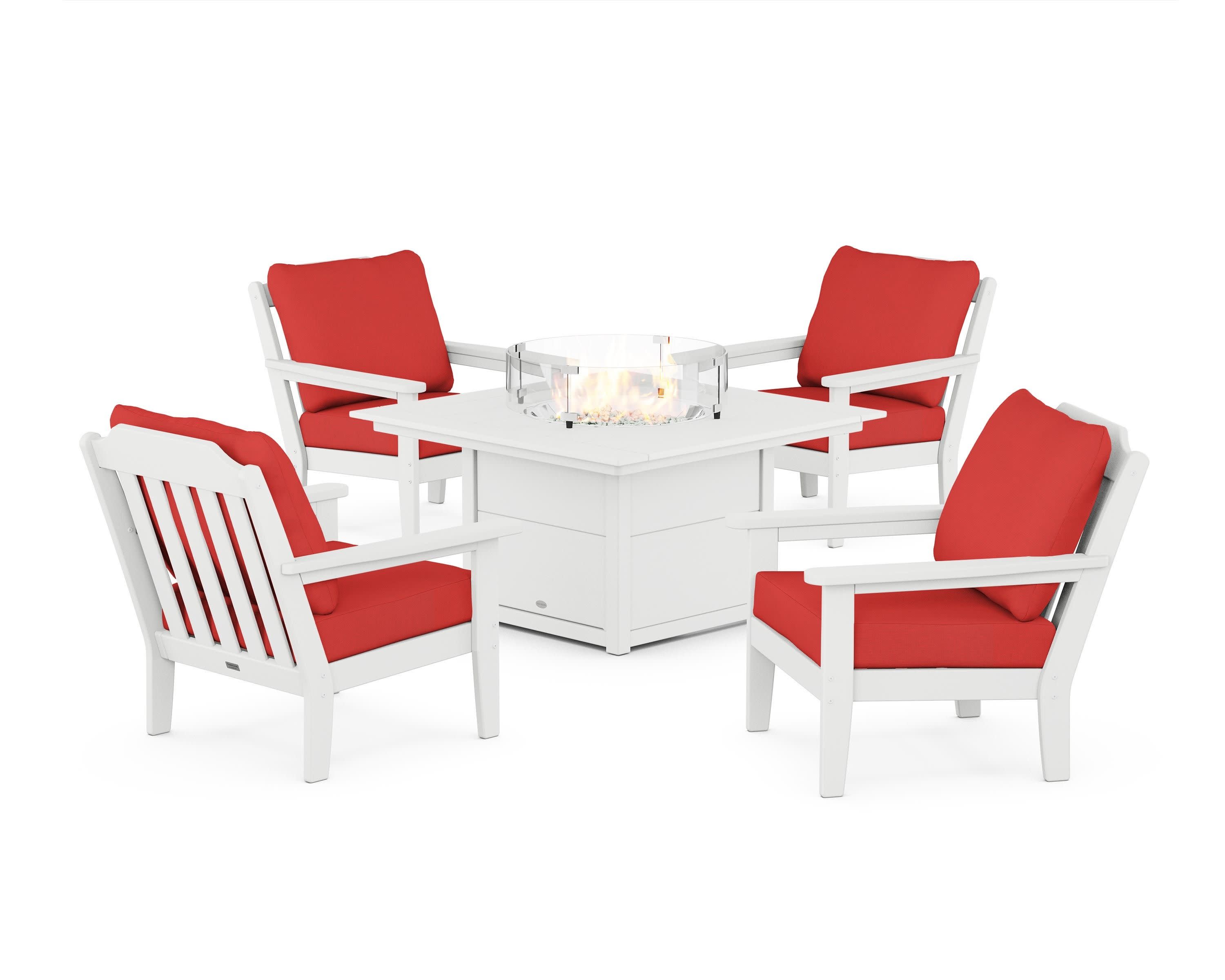 Cottage 5-Piece Deep Seating Set with Fire Pit Table in White / Crimson Linen
