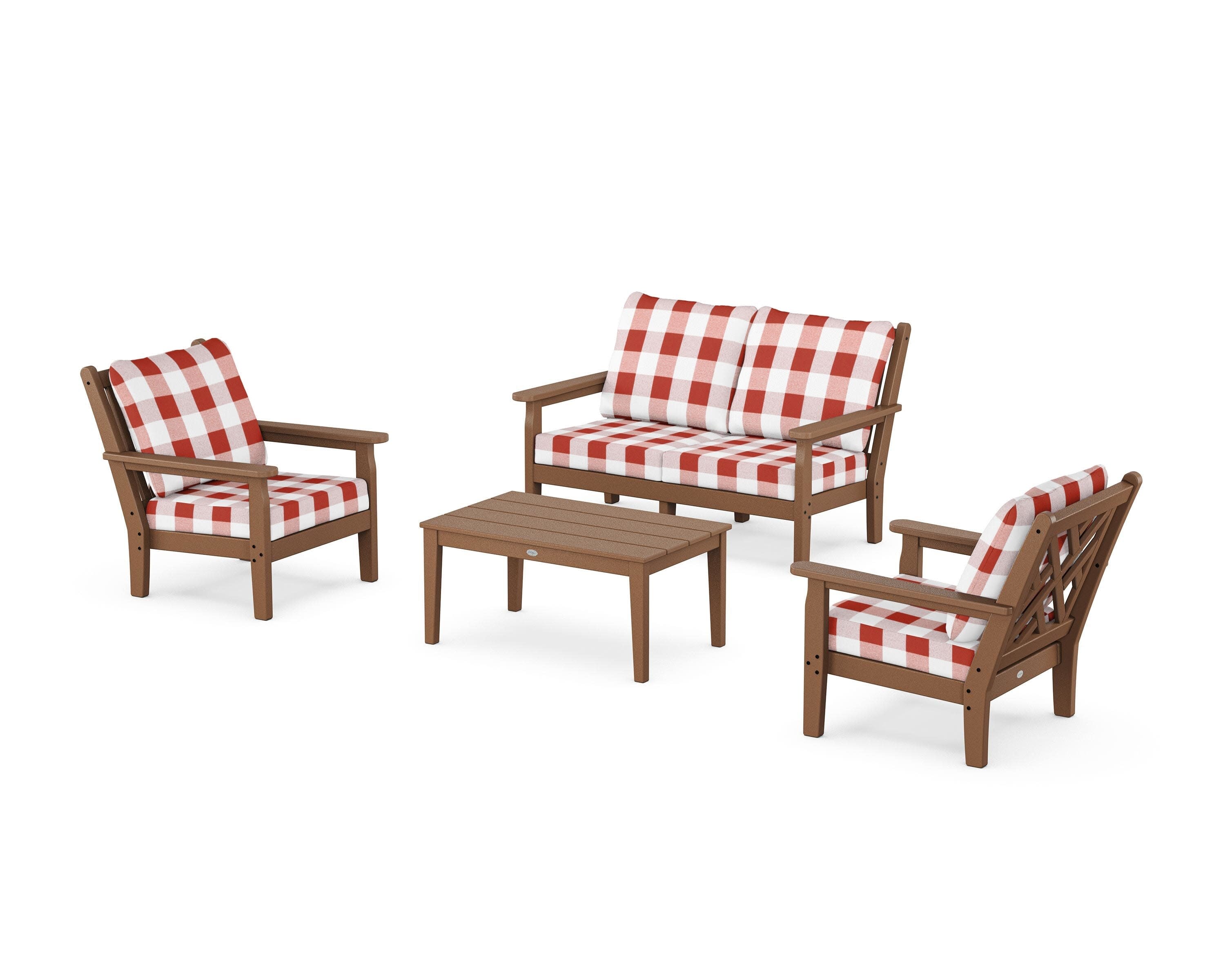 Chippendale 4-Piece Deep Seating Set with Loveseat in Teak / Buffalo Plaid Crimson